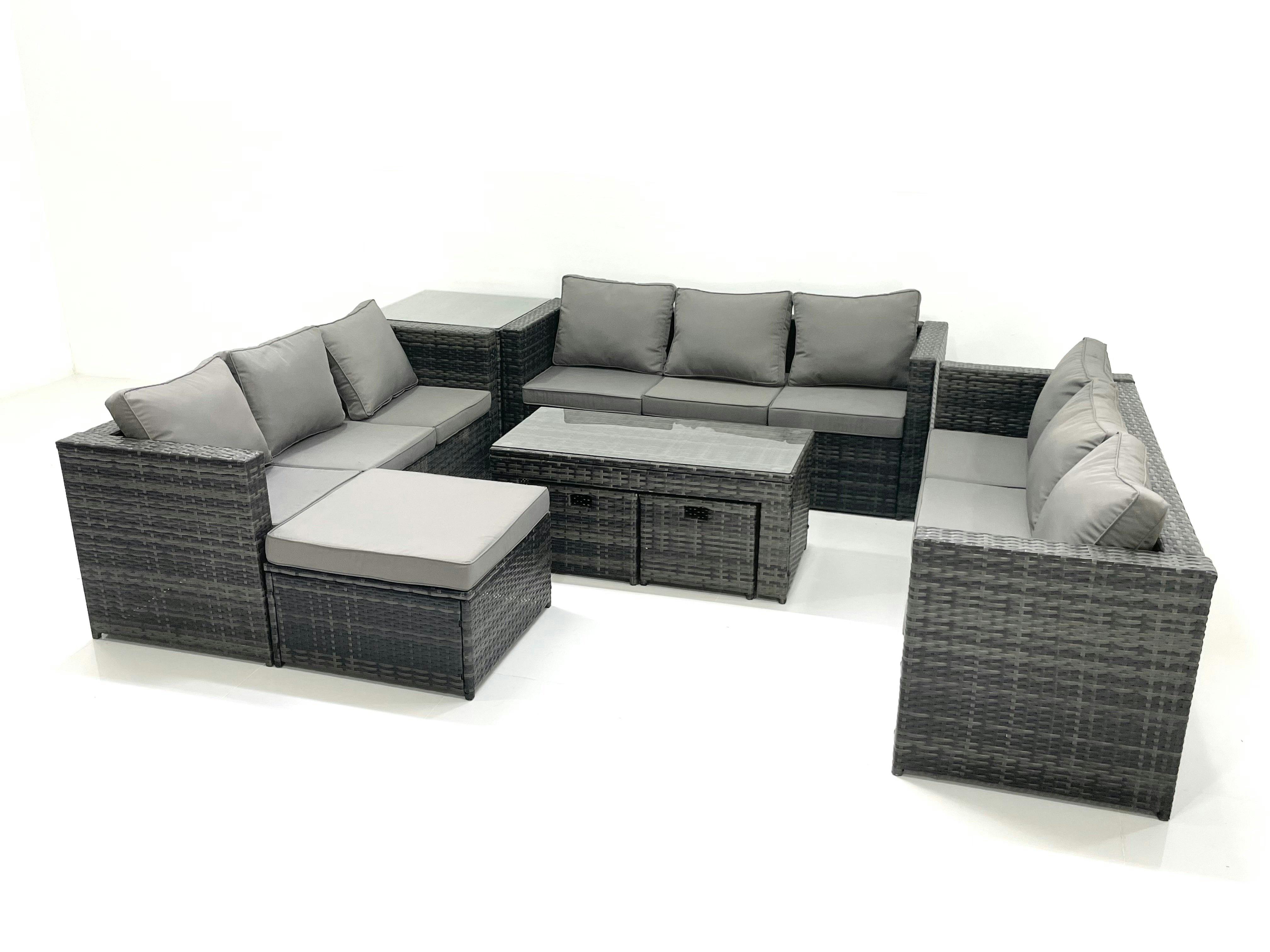 Rackhams Dark/Grey Outdoor Garden Furniture Set 8 Pieces Rattan Sofa Set With Coffee Table 3 Footstools Side Table Mixed