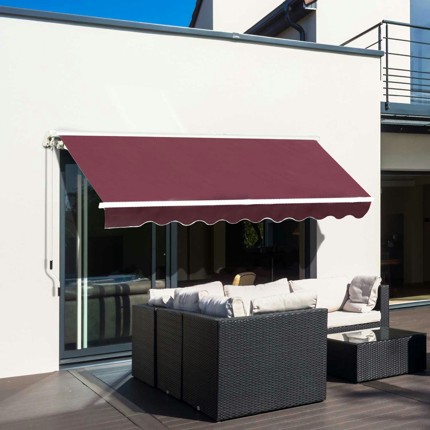 Rackhams Red Garden Sun Shade Canopy Retractable Awning, 3 X 2.5M, Wine - 295Cm X 250Cm X 160Cm
