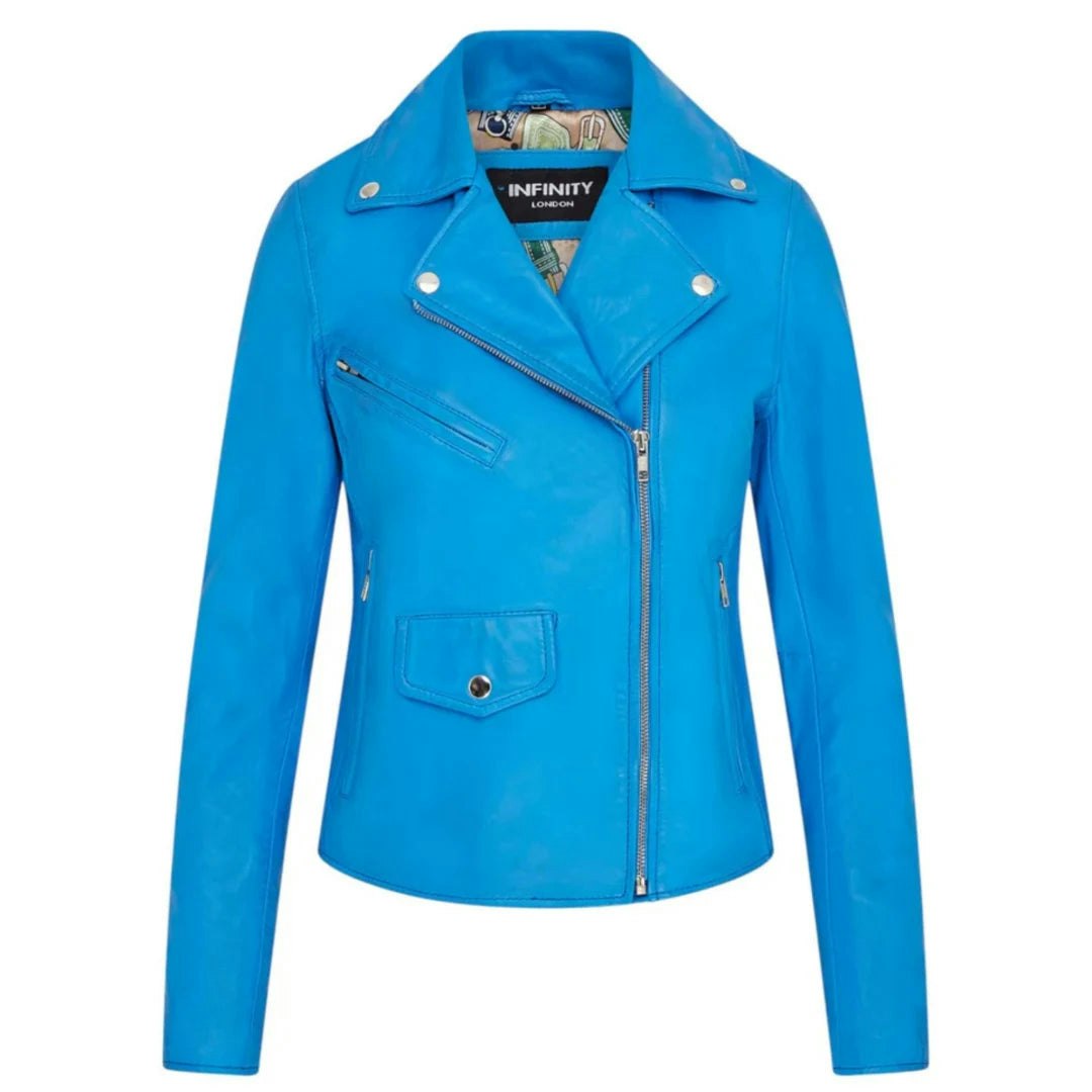 Infinity Leather Women's Blue Leather Company Real Leather Brando Style Biker Jacket - Uk 14