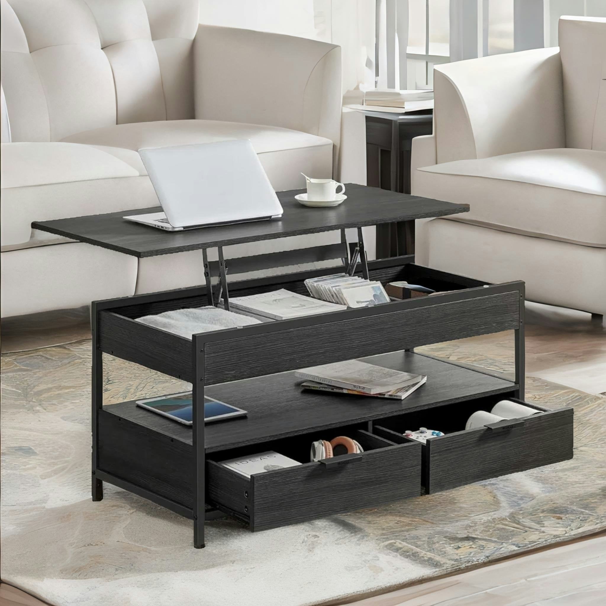 Rafaelo Mobilia Black Industrial Lift Top Coffee Table With Drawers