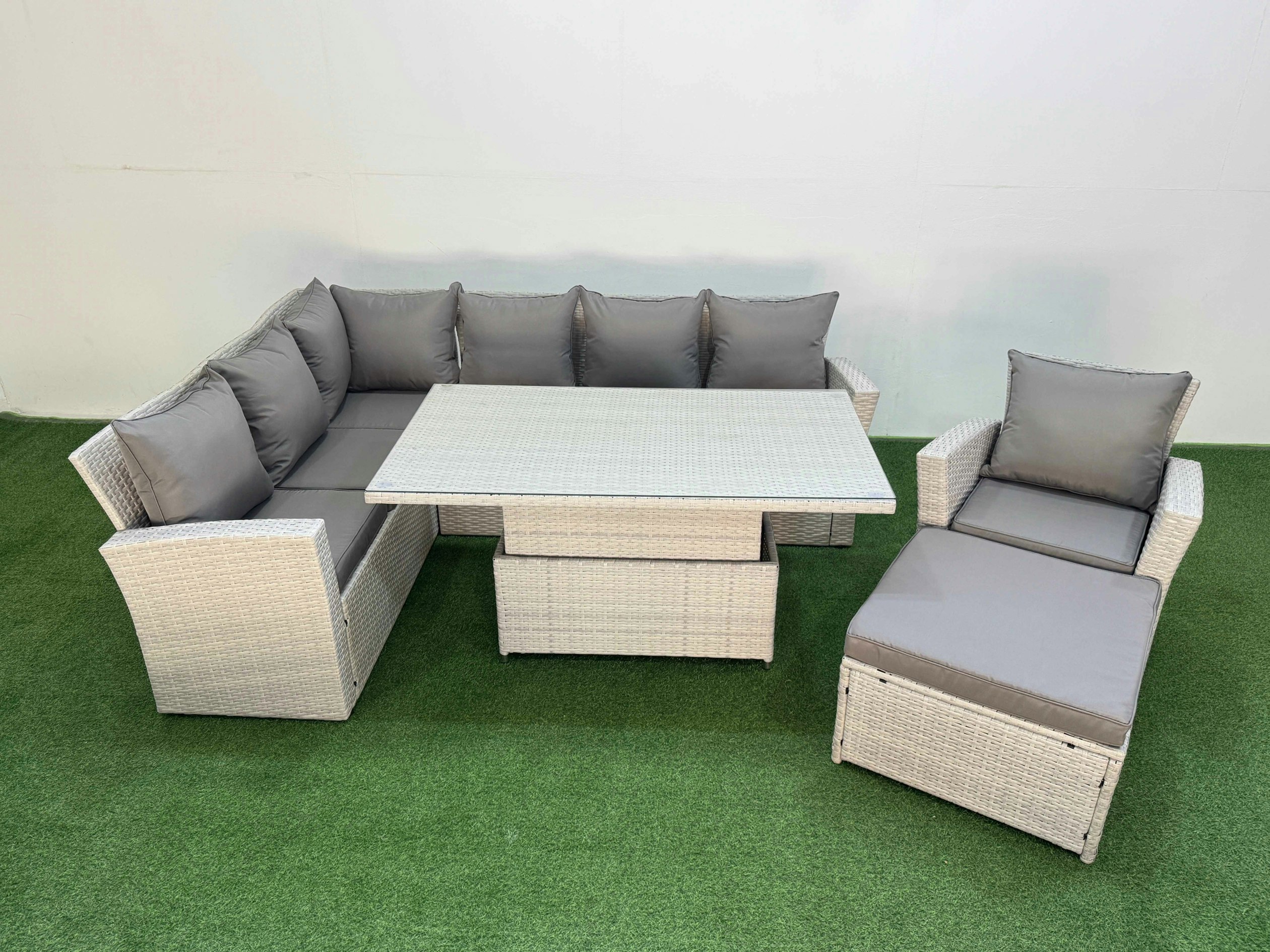 Rackhams Light/Grey 8 Seat Rattan Outdoor Garden Furniture Corner Sofa Set Adjustable Lifting Dining Or Coffee Table Set With Footstool