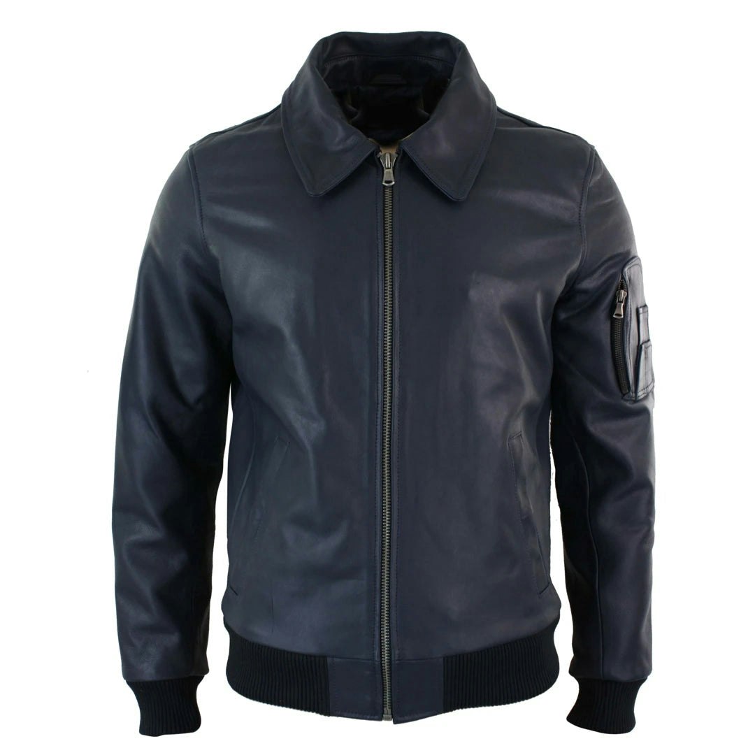 Infinity Leather Men's Leather Harrington Bomber Classic Pilot Jacket - Navy - 4XL