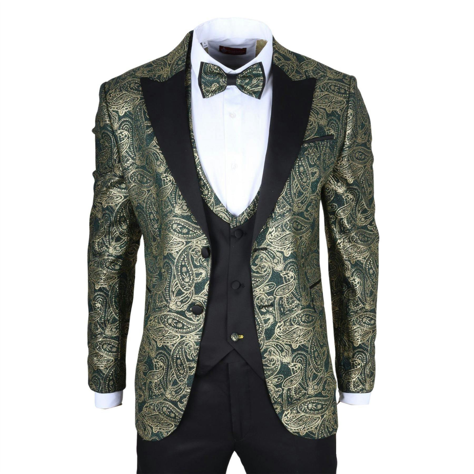 Infinity Leather Men's Green 4 Piece Paisley Wedding Suit Tailor Fit - 52" Jacket 46" Trousers