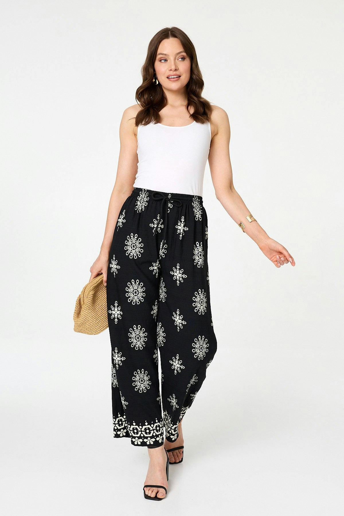 Izabel London Black Border Print Wide High Waist Trousers - 14