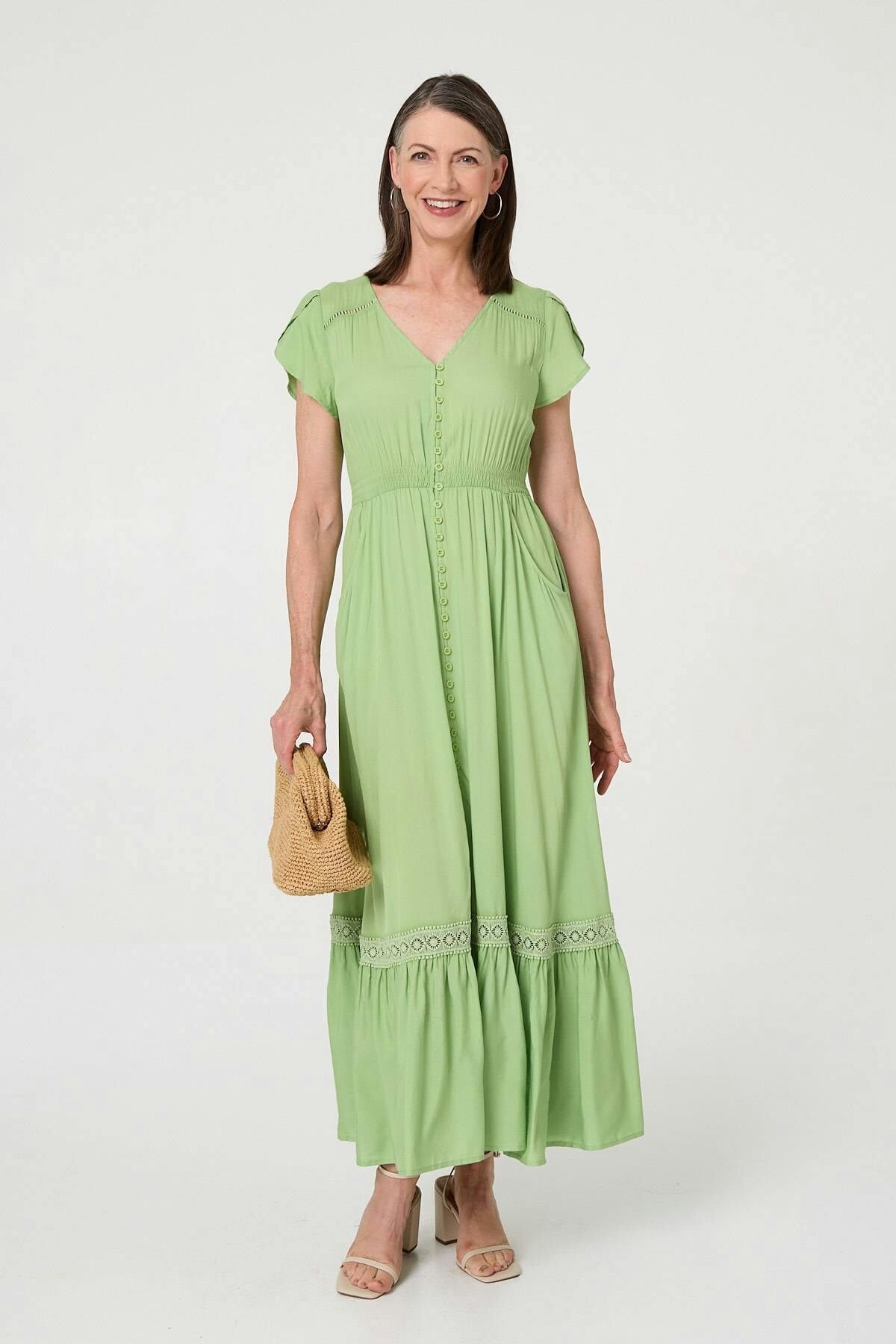 Izabel London Khaki Button Front Maxi Dress With Pocket - Image 2