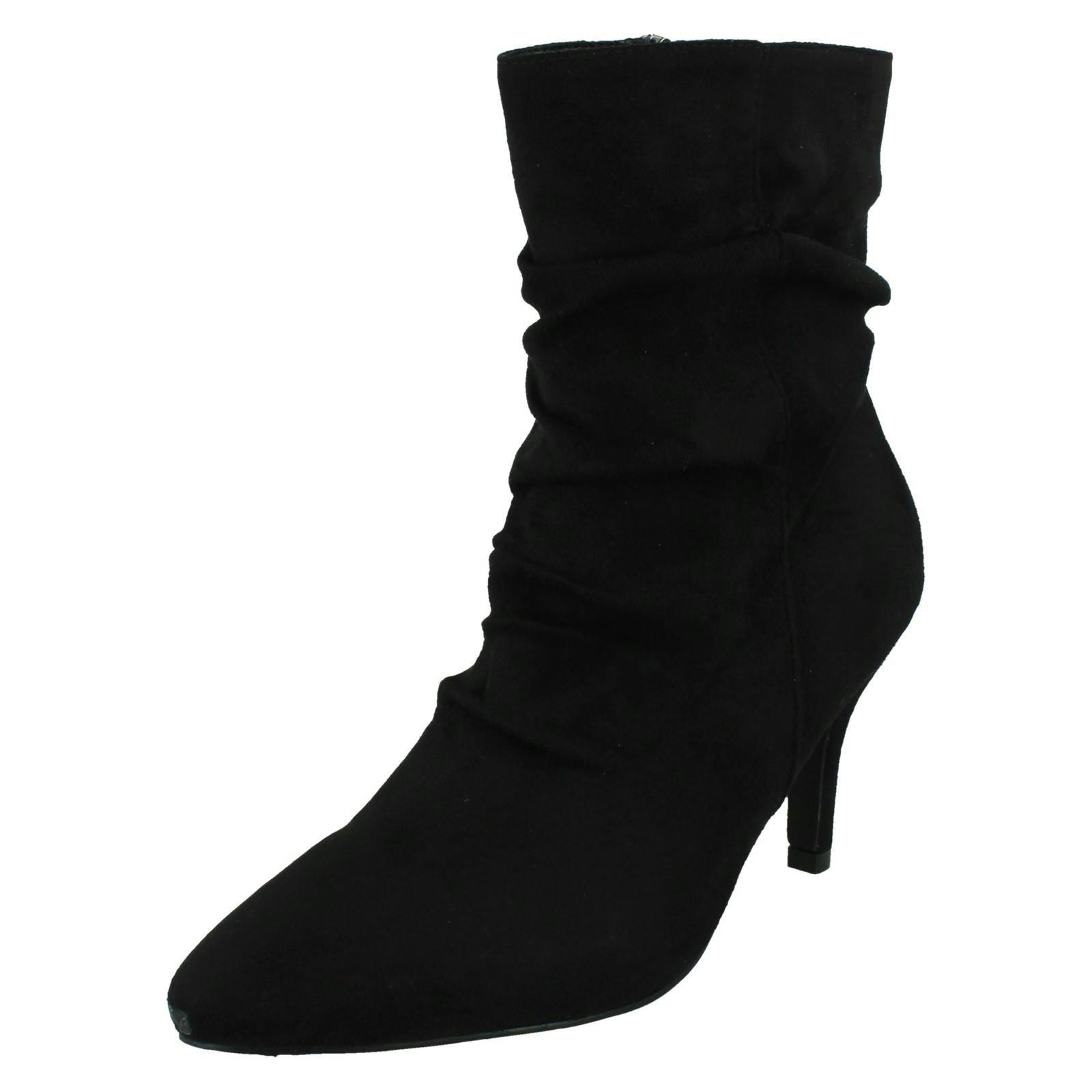 Spot On Women's Black Mid Heel Rouched Ankle Boots With Inside Zip F51244 - Uk 8