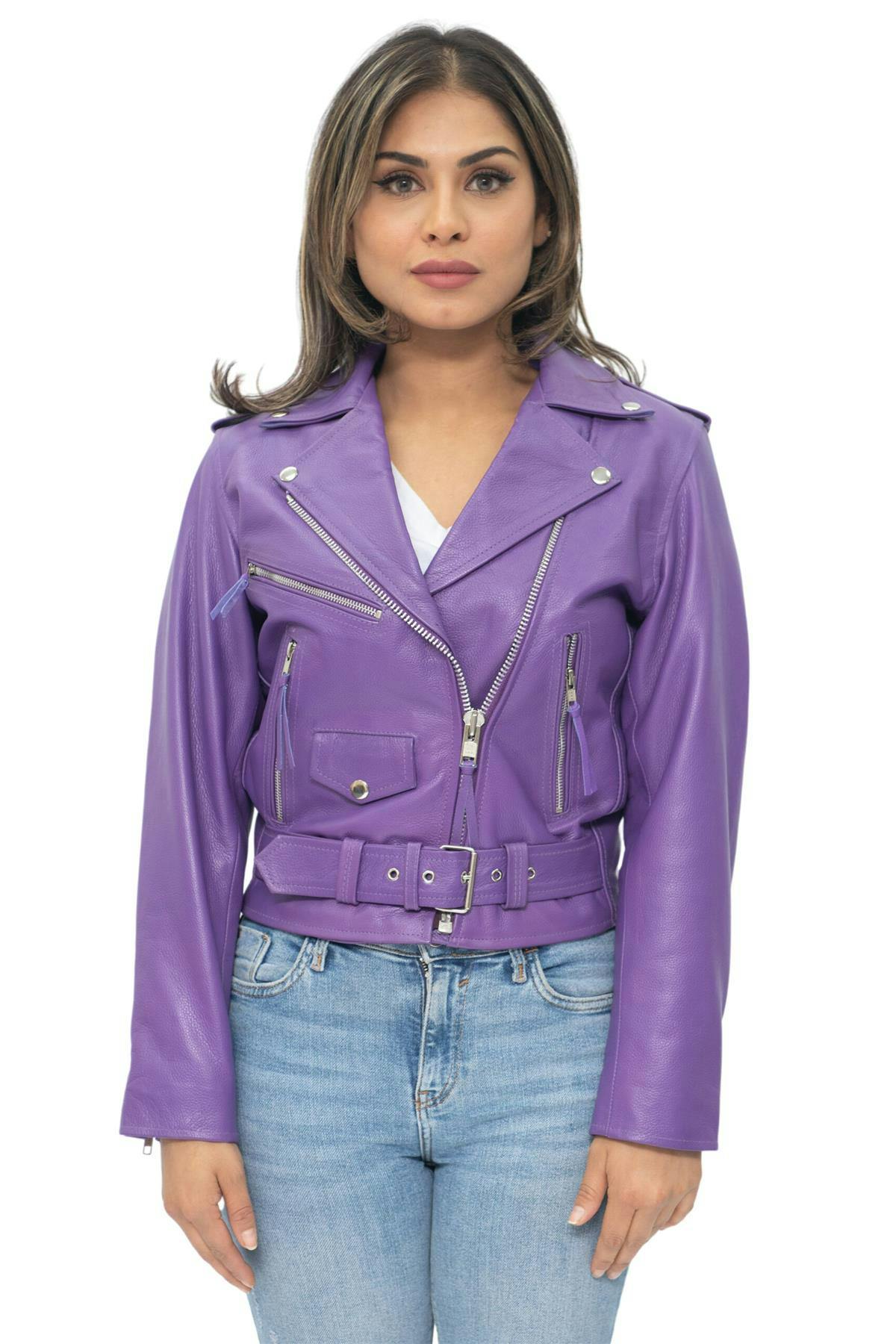 Infinity Leather Women's Purple Cowhide Brando Leather Biker Jacket-Murcia In | Size: 24 - Image 2