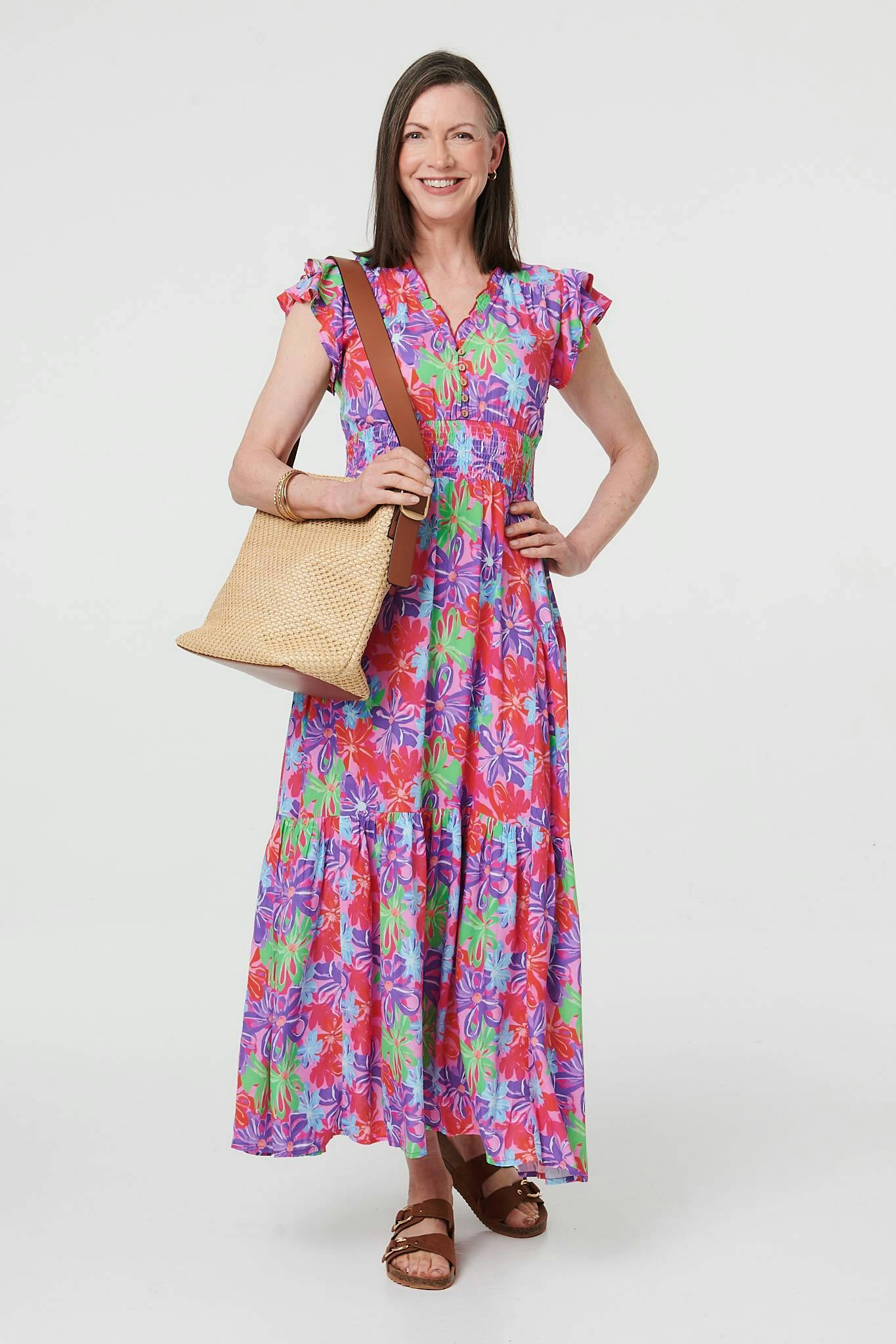 Izabel London Red Floral Cap Sleeve A-Line Maxi Dress - 18