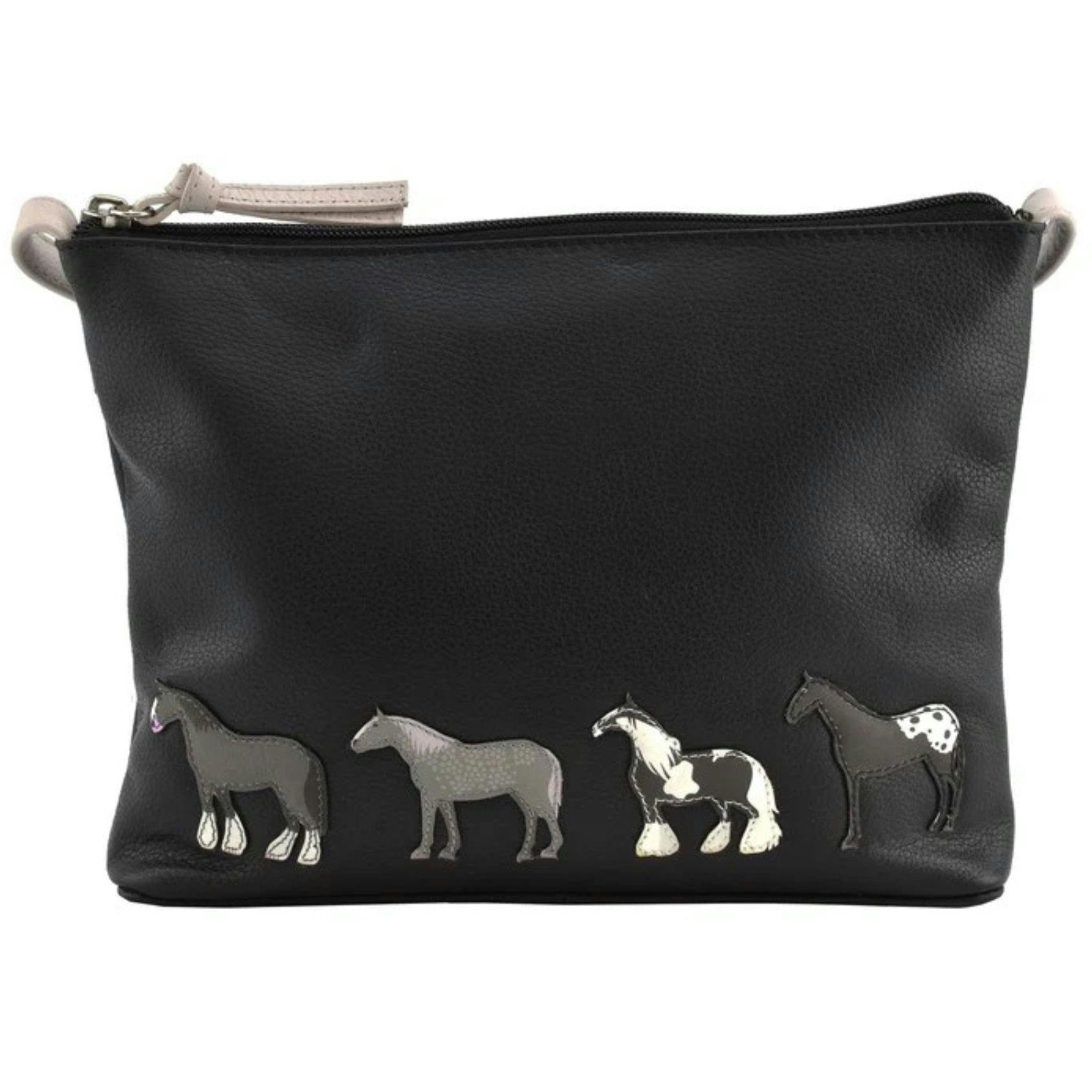 Mala Leather Black Horses Equestrian Applique Leather Crossbody Bag