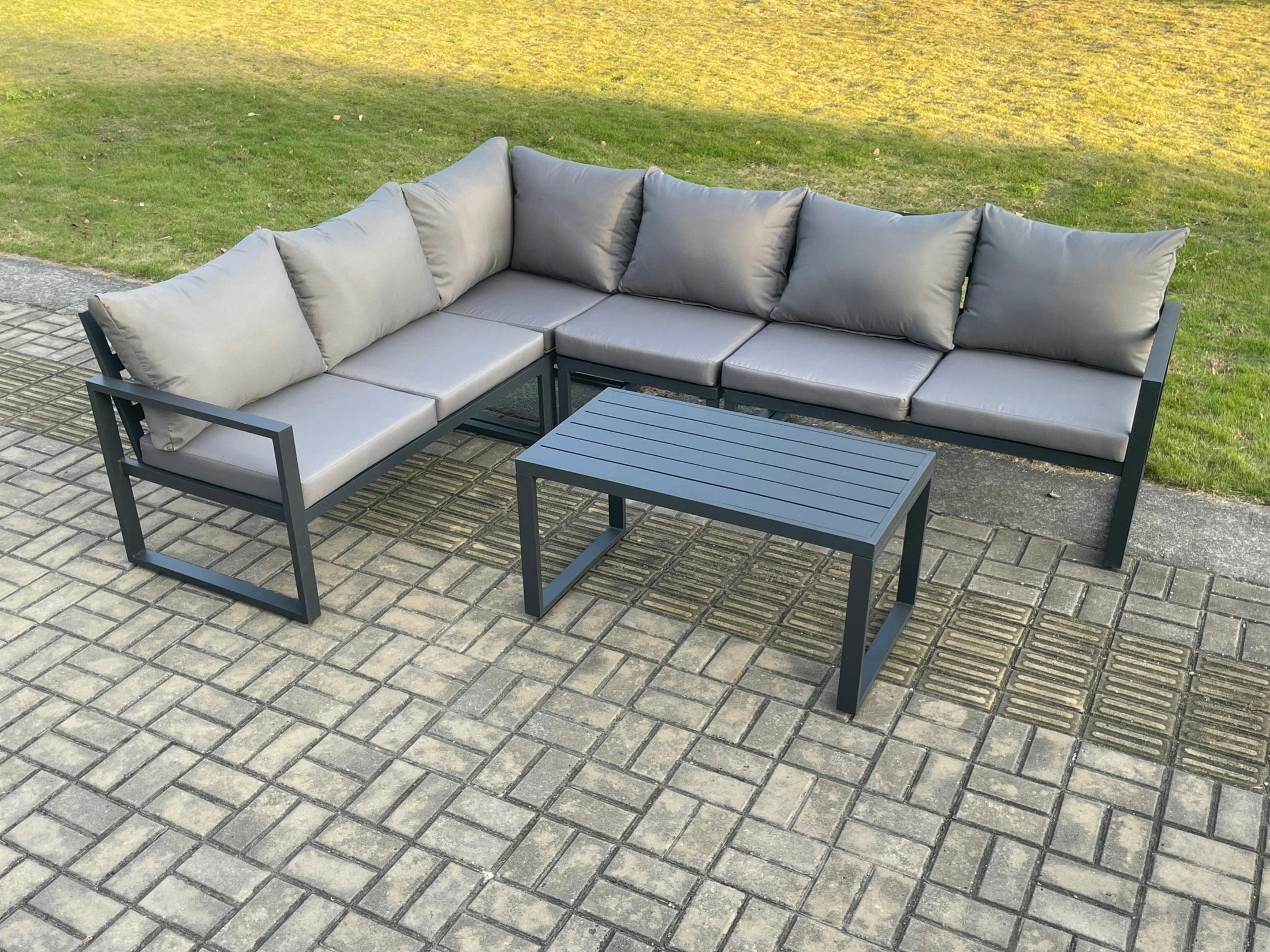 Fimous Dark/Grey Aluminium Garden Furniture Set Outdoor Indoor Lounge Corner Sofa Oblong Coffee Table Sets 6 Seater