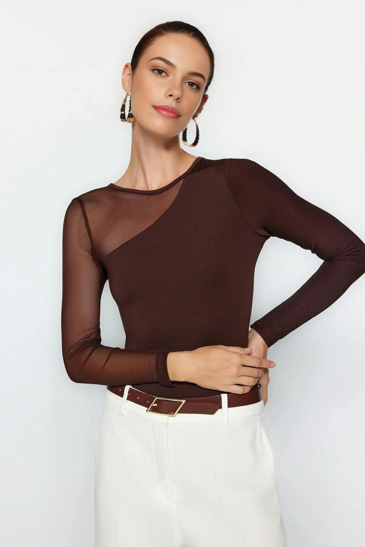 Wovcor Brown Stretchy Knit Bodysuit With Tulle Detail - L