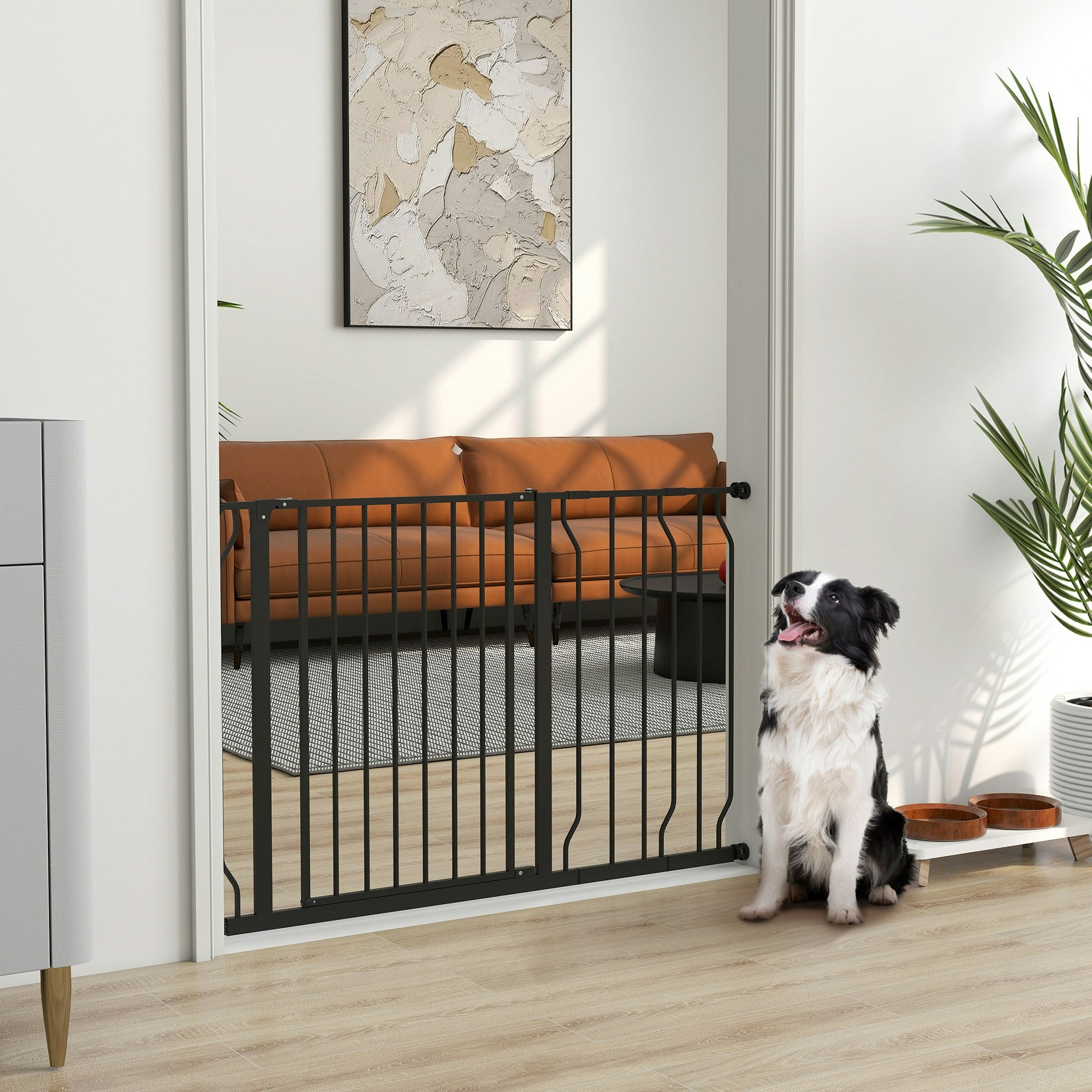 Pawhut Black Dog Gate Wide Stair Gate W/ Door Pressure Fit - 115 X 1.5 X 76 Cm