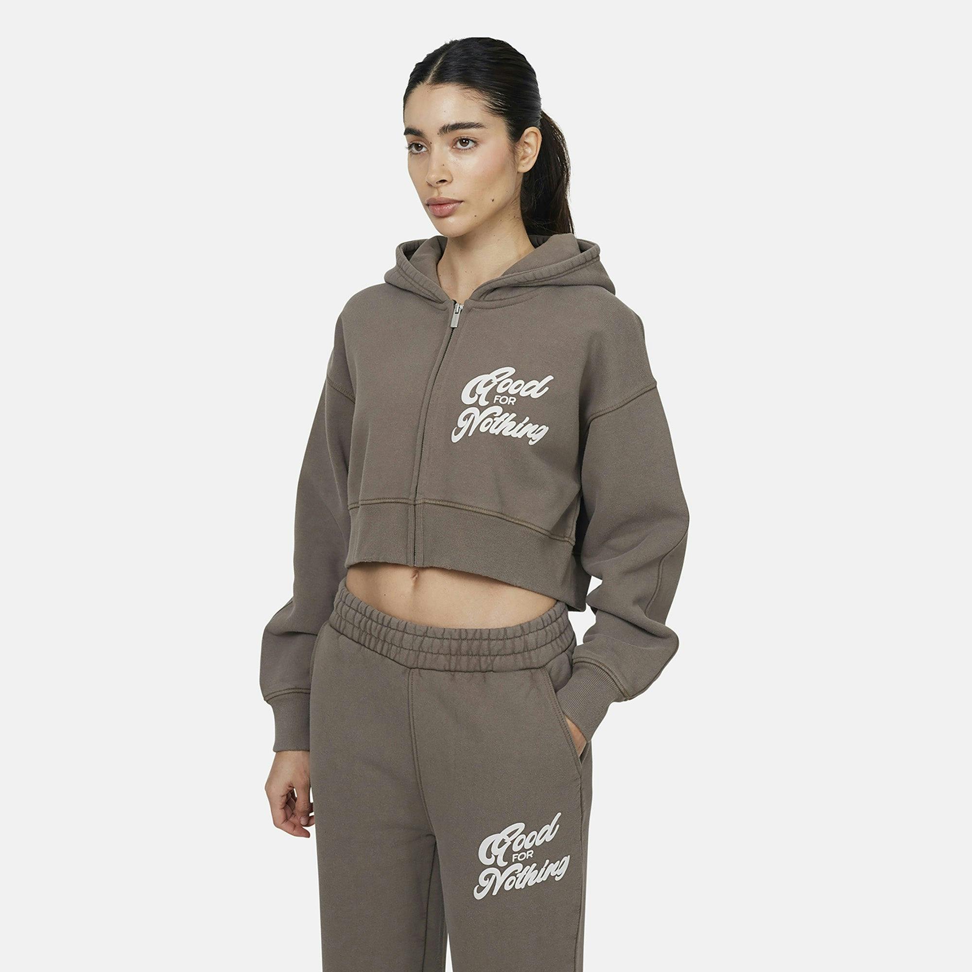 Good For Nothing Cropped Zip Through Hoodie - Taupe - Xs - Taupe