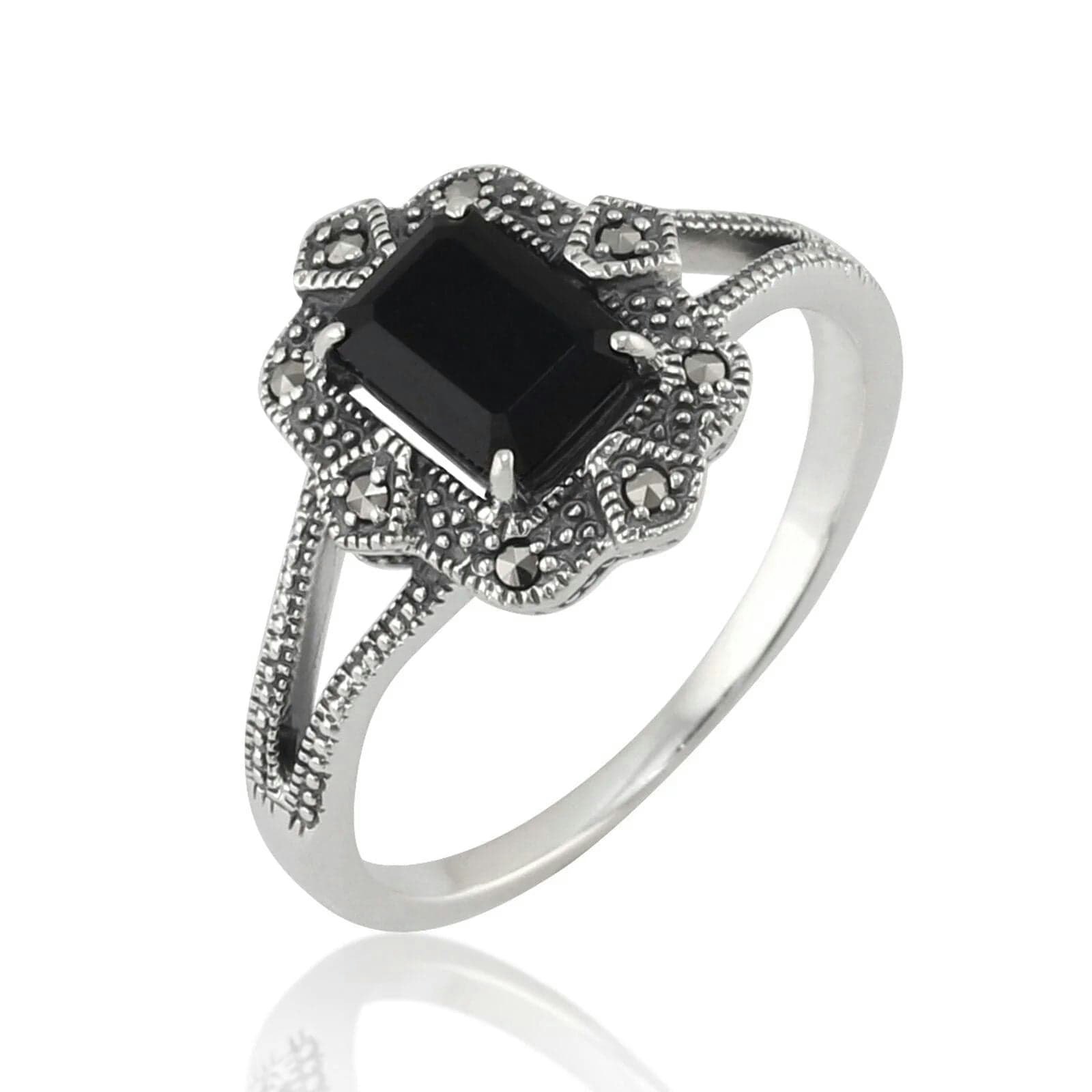 Gemondo Black/Silver Art Deco Style Baguette Spinel & Marcasite Ring In - R