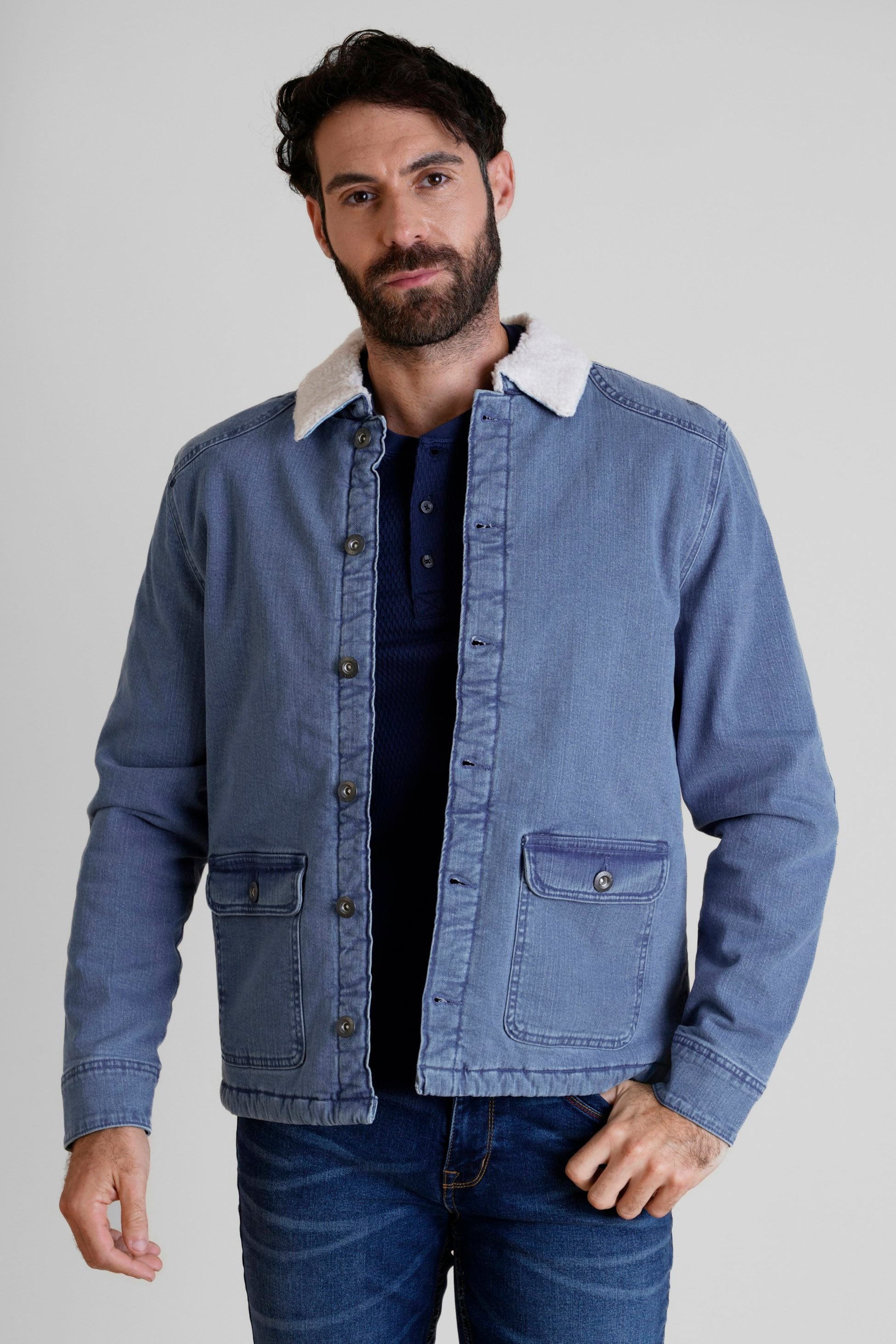 Enorsia Men's Mid Blue Sherpa Denim Trucker Jacket - Uk Xl - Image 4