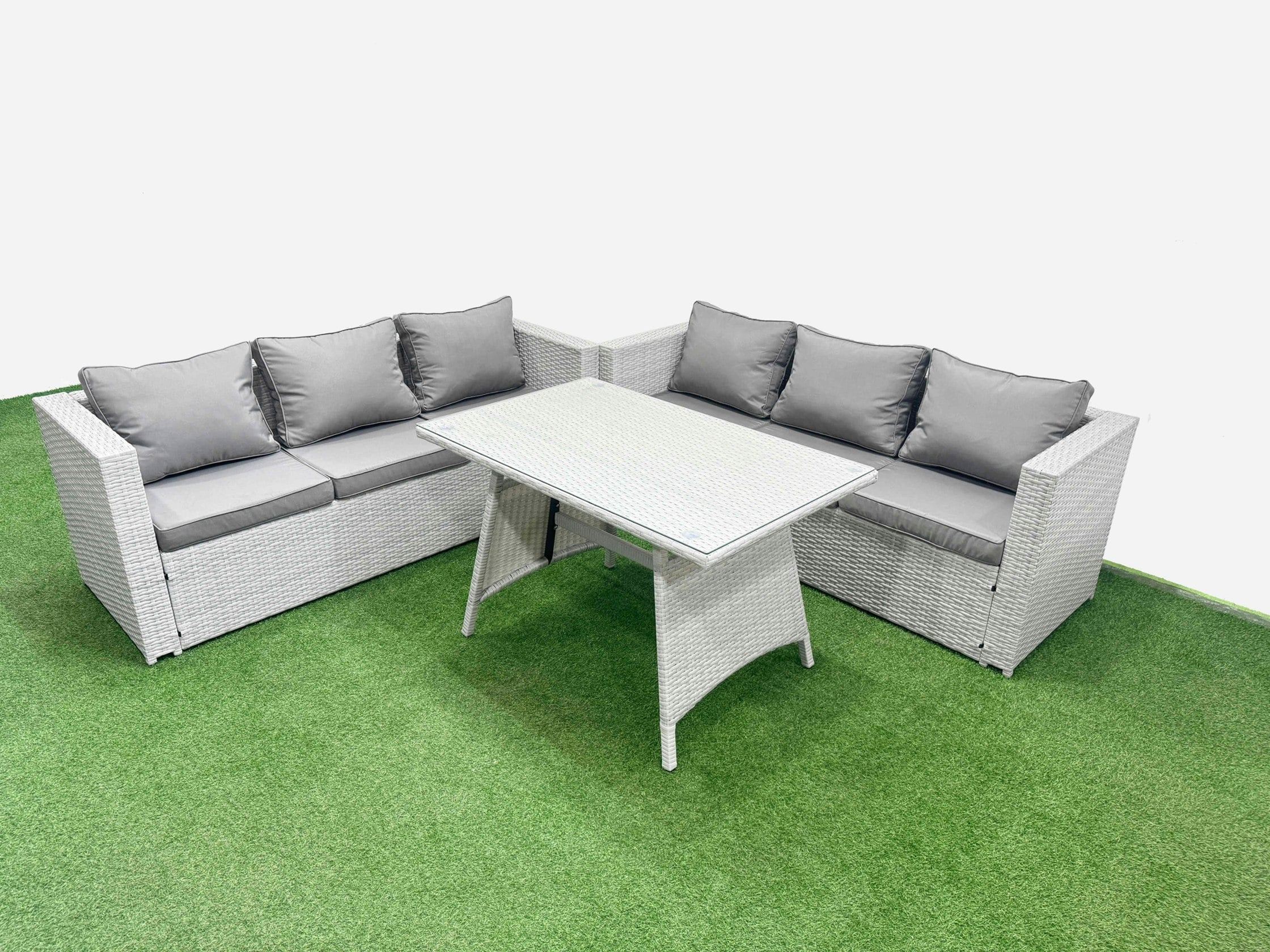 Rackhams Light/Grey Rattan Garden Furniture Dining Set 6 Seater Patio Rectangular Table 3 Seater Sofa Set