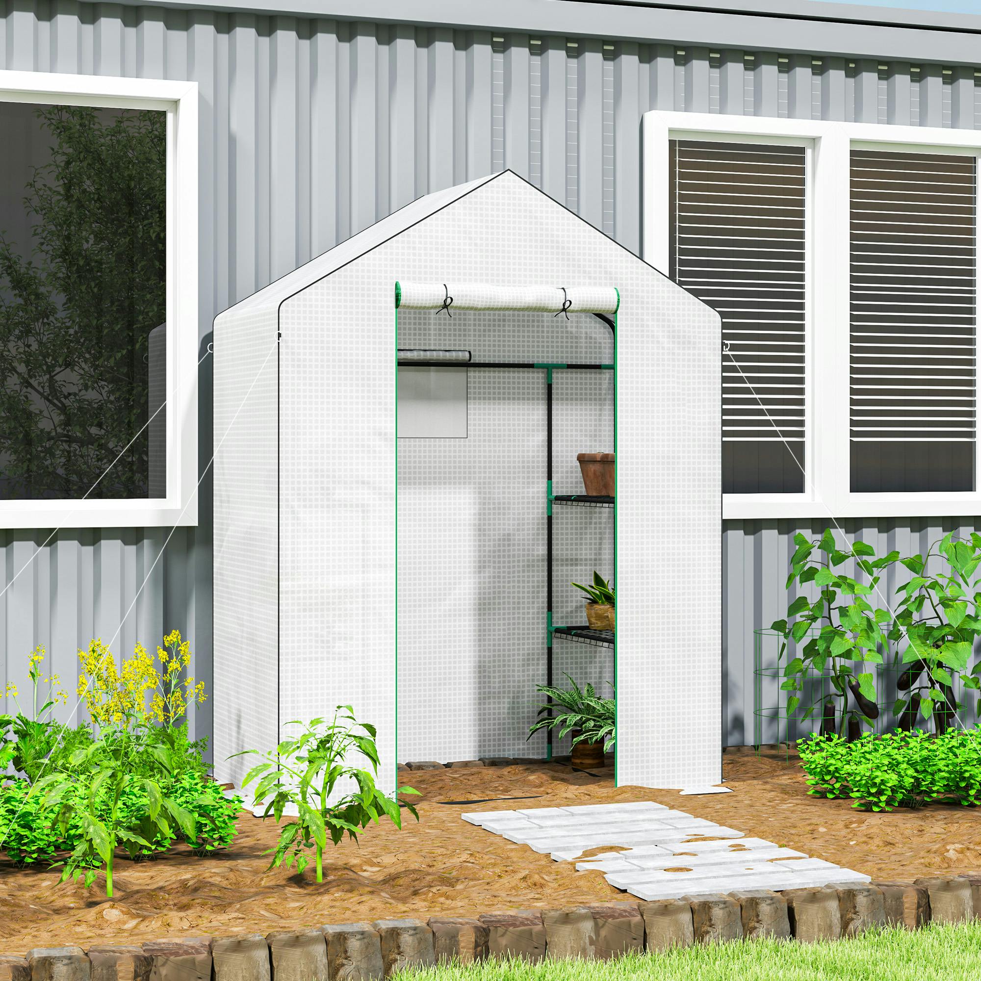 Rackhams White Walk-In Greenhouse With 4 Shelves, Outdoor Small Greenhouse, - 143 X 74 X 190 Cm