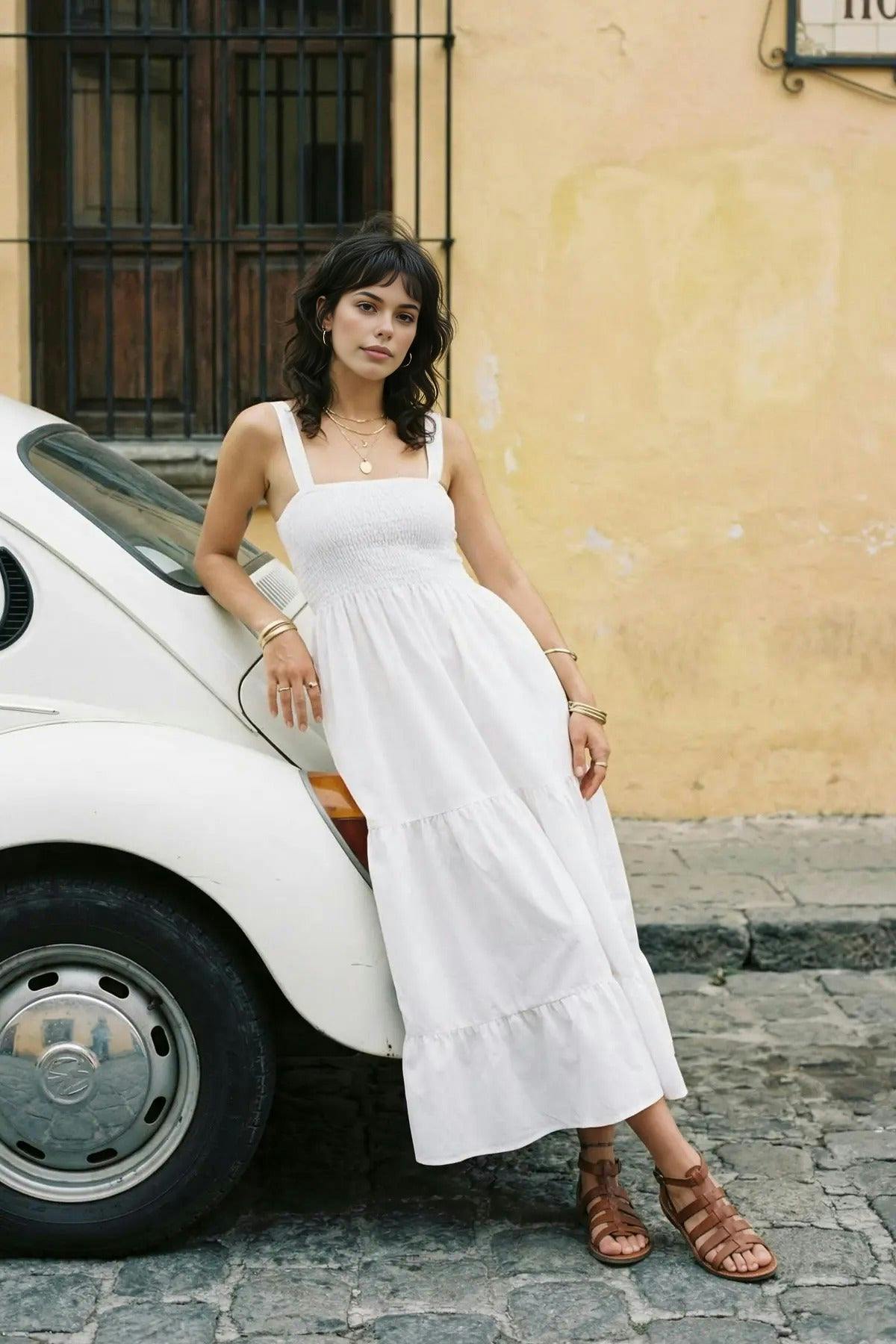 Wovcor White Ruched Square Neck Thick Strap A-Line Maxi Dress - 6