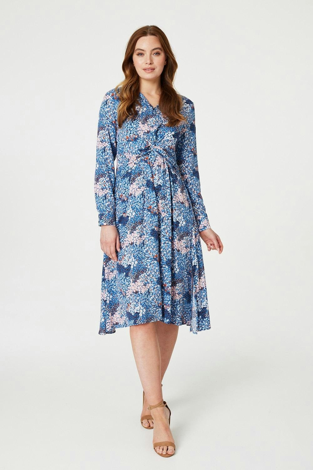 Izabel London Blue Printed Twist Front Midi Dress - 10