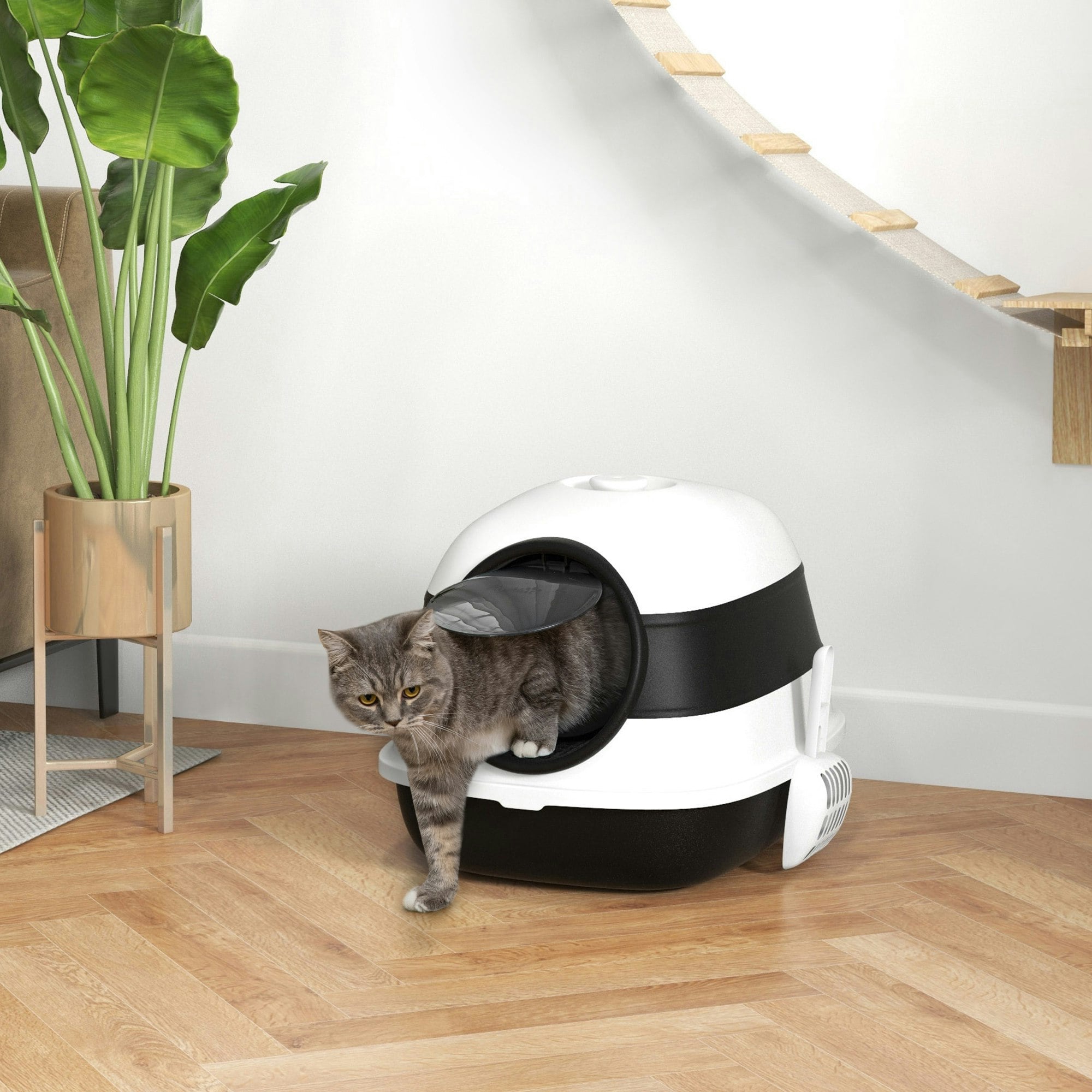 PawHut Foldable Cat Litter Box Enclosed Cat Litter Tray No Odours Black | Hooded Design, Litter-Trapping Grate, Flip Lid, High Sides, Air Freshener, Large Two-Way Entrance, Scoop - Image 3