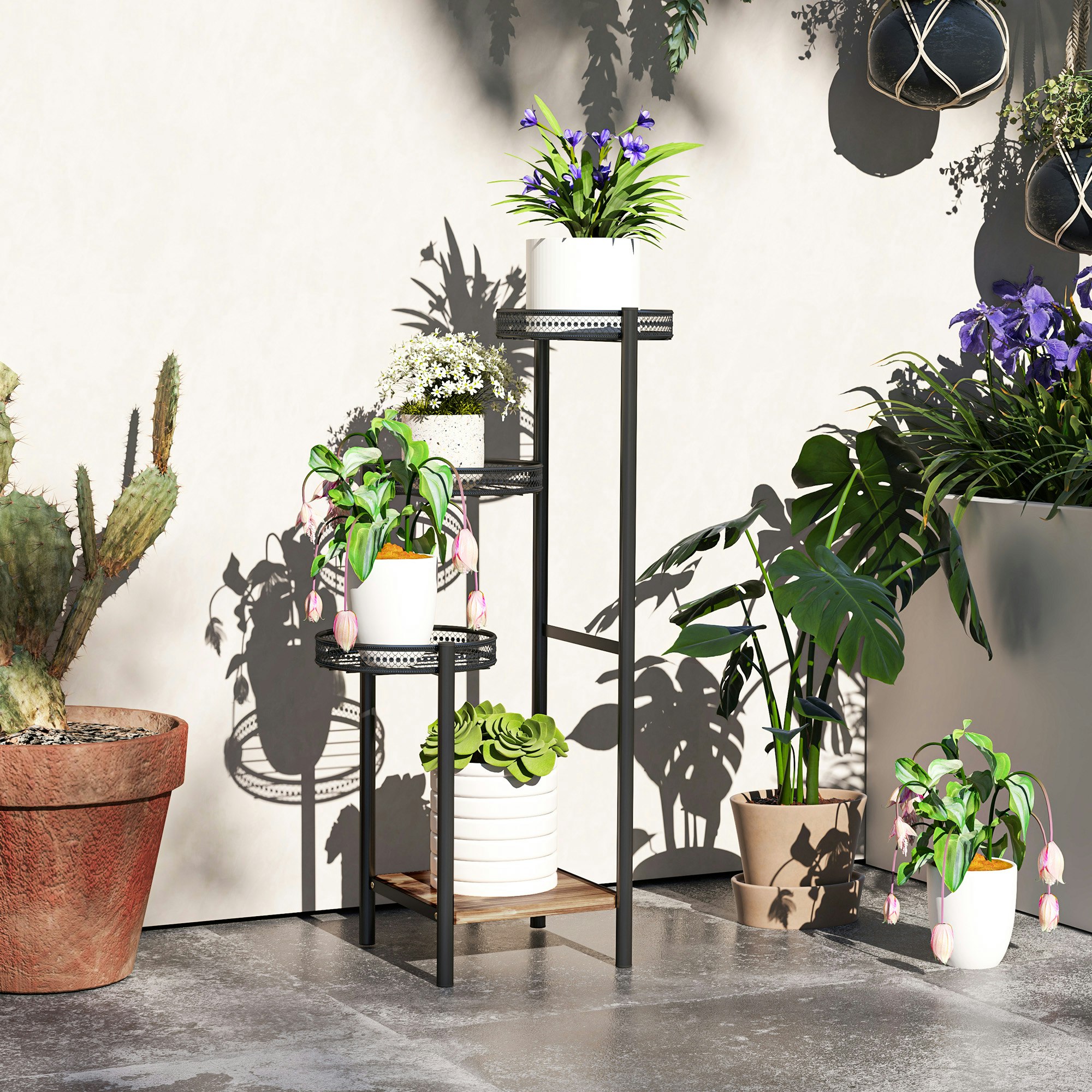 Outsunny Black 4 Tiered Plant Pot Stand, Metal Plant Shelf For Living Room - Steel, Fir Wood - 25L X 25W X 80Hcm
