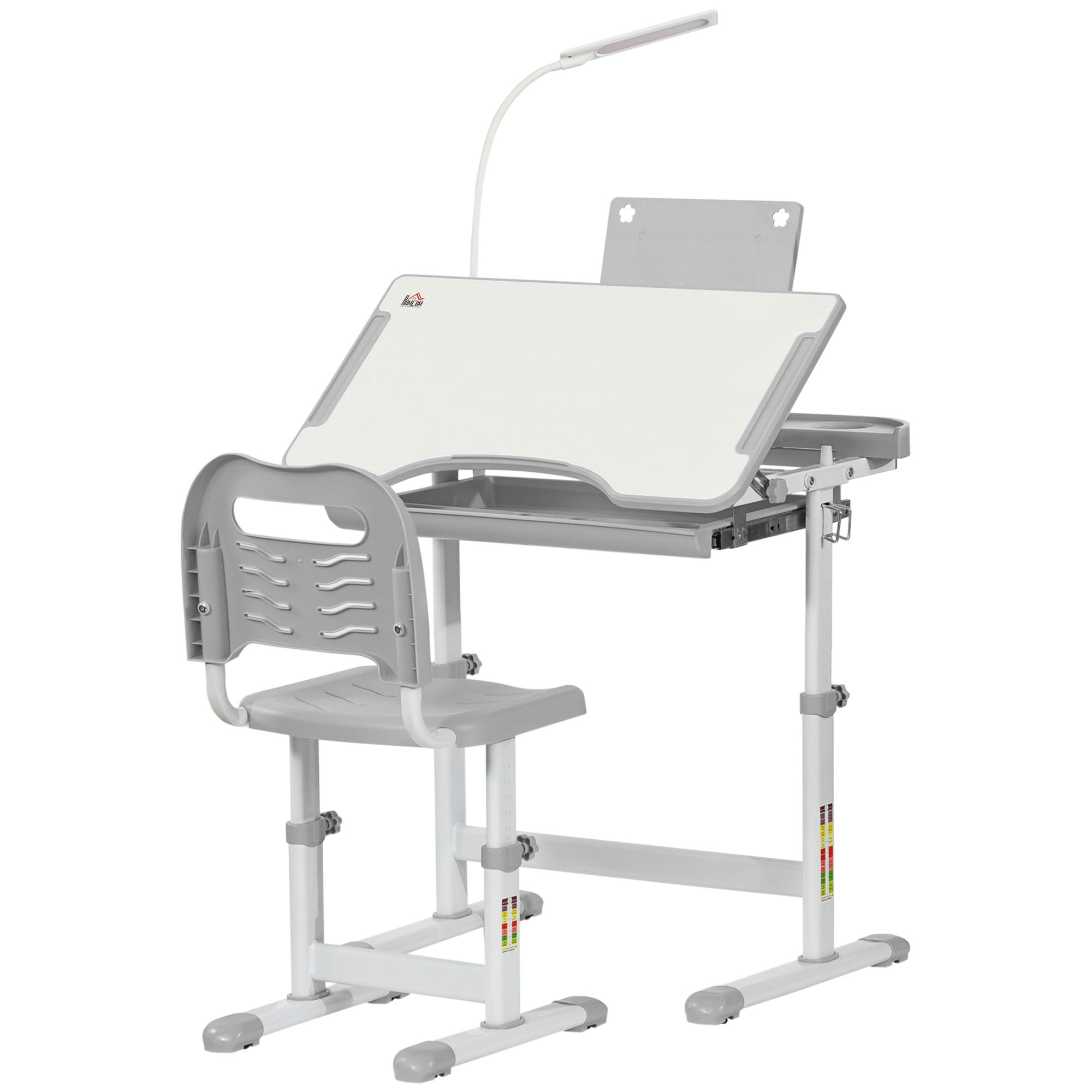 Rackhams Grey/White Kids Desk And Chair Set, Height Adjustable Study Desk With Usb Lamp, Storage Drawer For Study, And