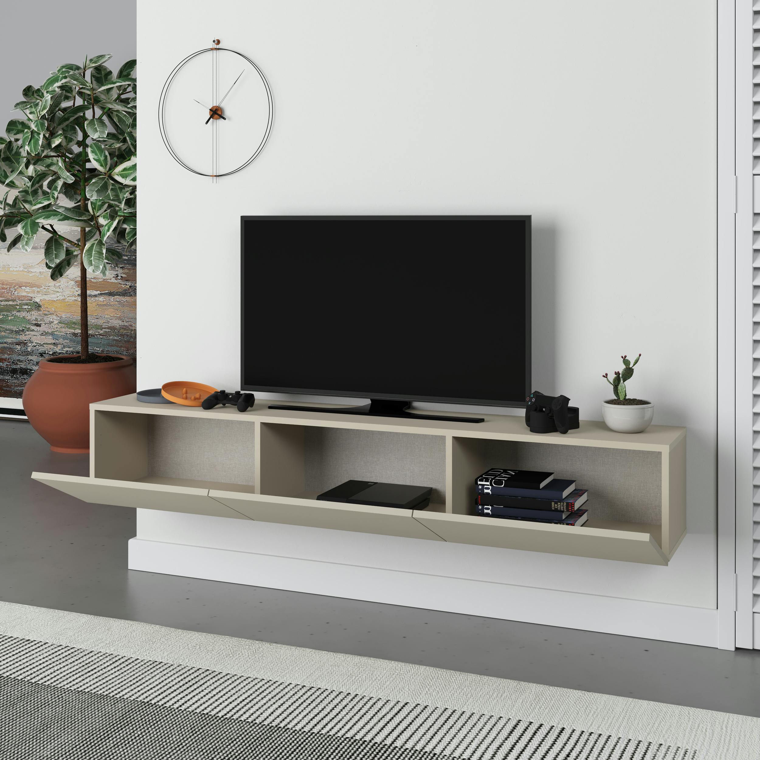 Rackhams Francy Modern Wall Mounted Tv Unit 55" Multimedia Centre 180Cm - Sandstone