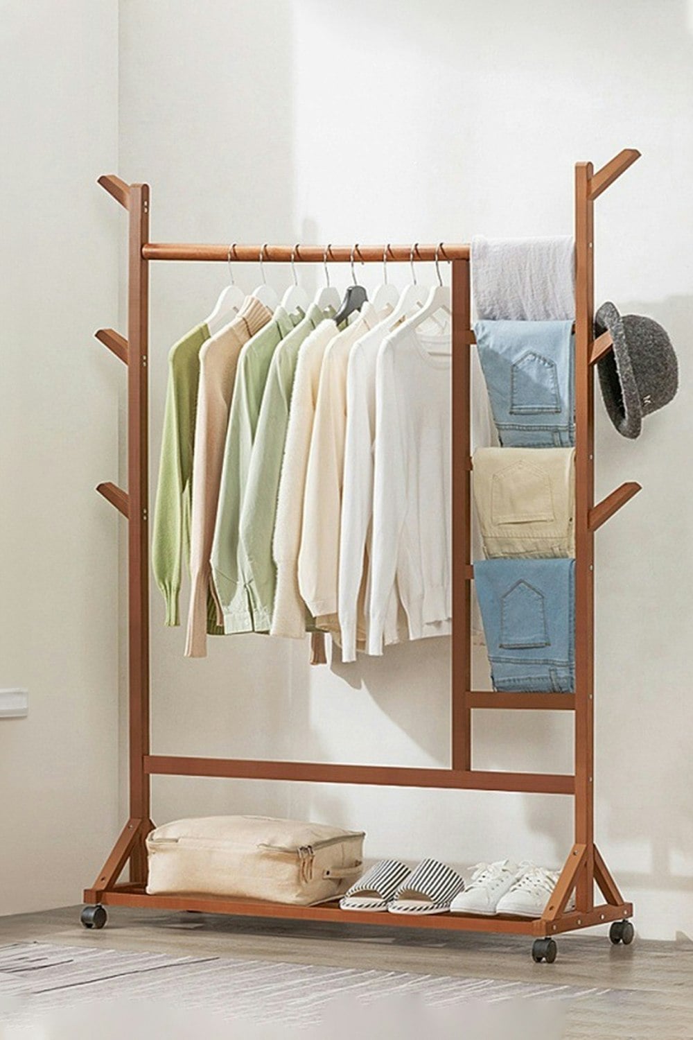 Rackhams Brown Bamboo Clothes Rack Coat Garment Holder With Bottom Shelf Shoe Clothing Organizer