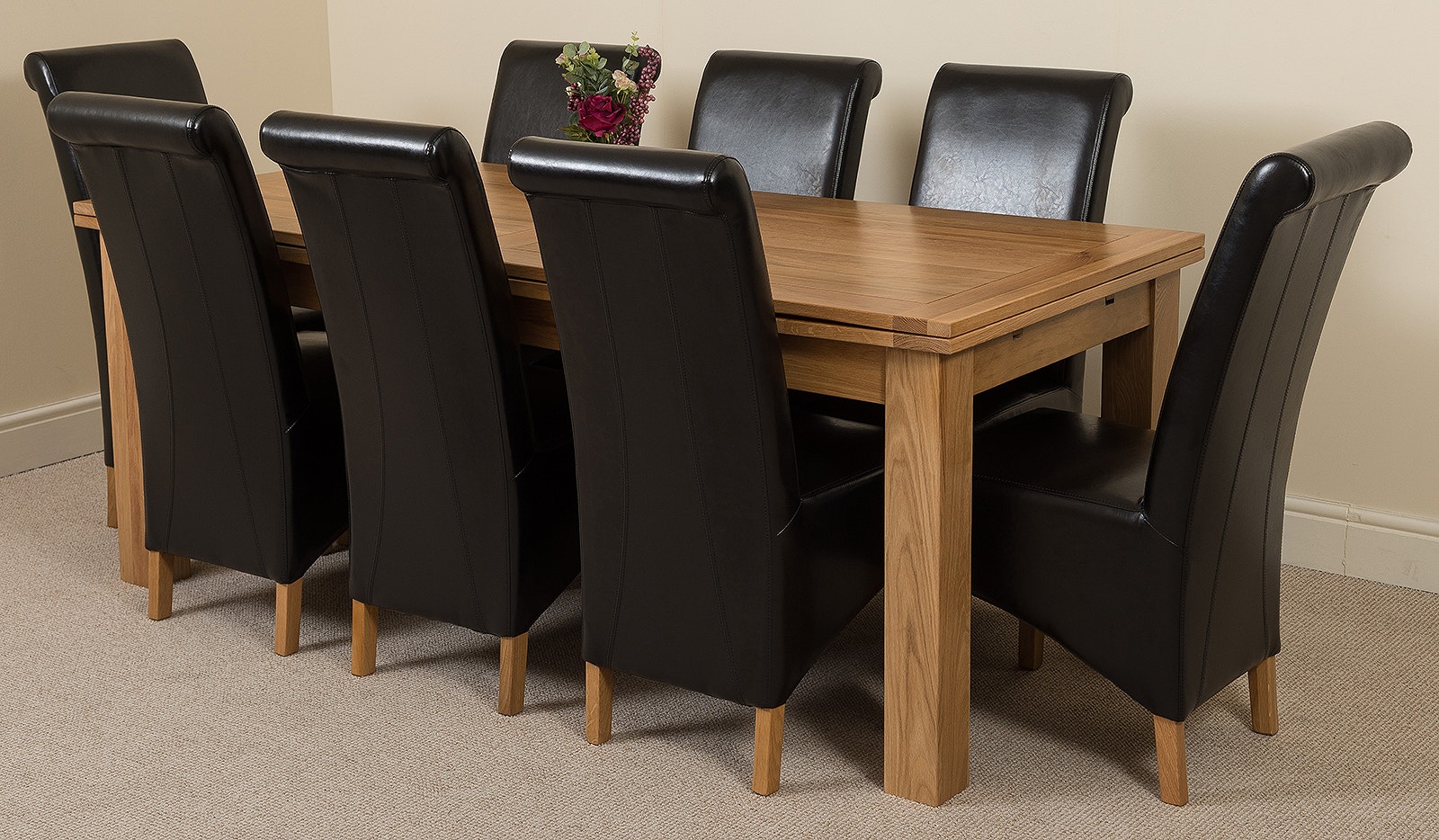 Rackhams Black Richmond Oak Extending Dining Table With Montana Leather Chairs - 8 Chairs Large