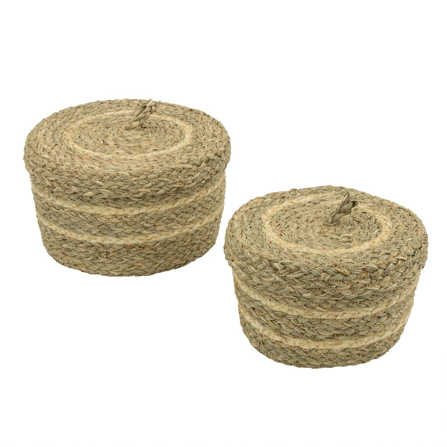 Jvl Brown Palma Natural Round Lidded Woven Storage Baskets For Home Organisation, Set Of 2,