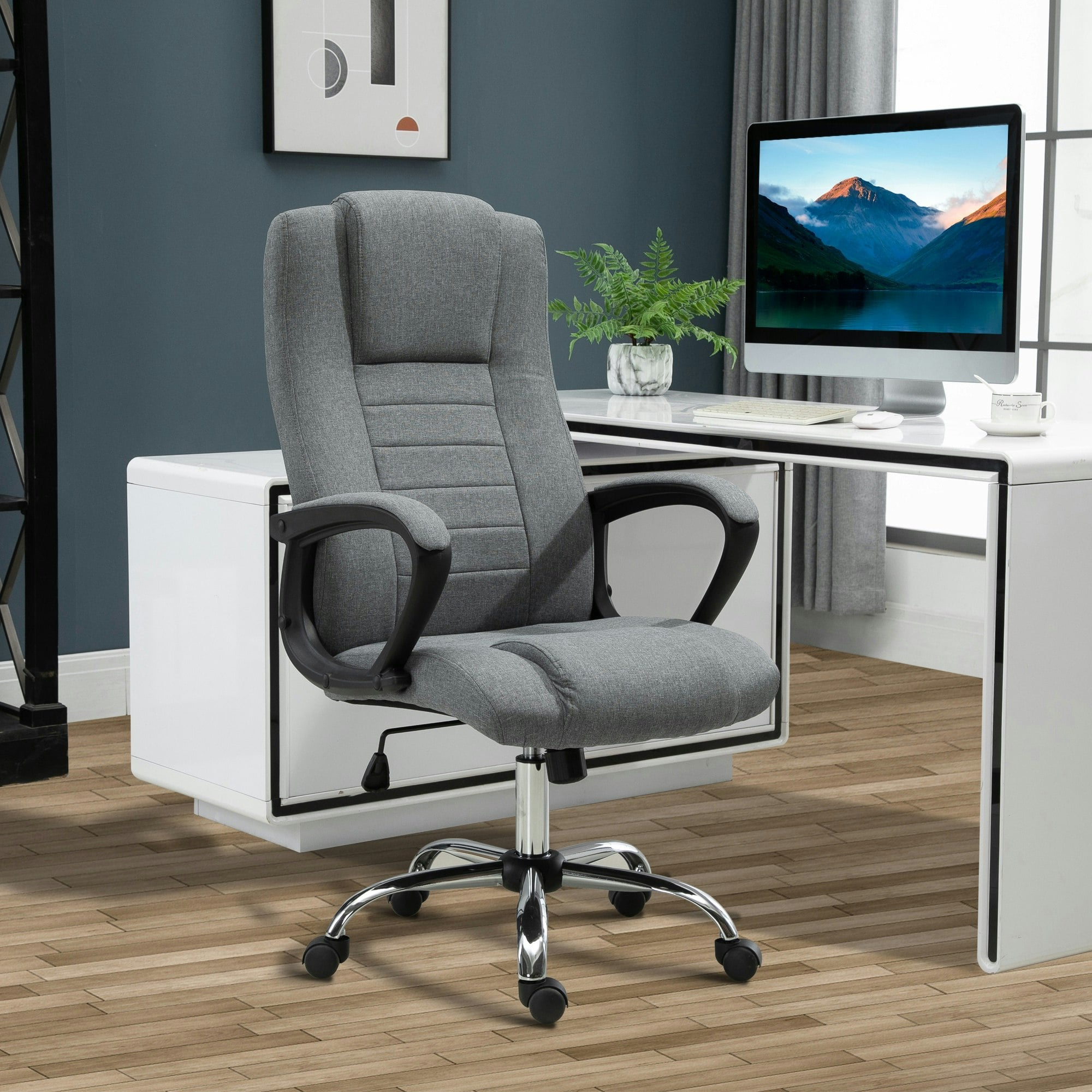 Vinsetto Grey Linen Office Chair 360° Swivel High Back Wide Adjustable Seat