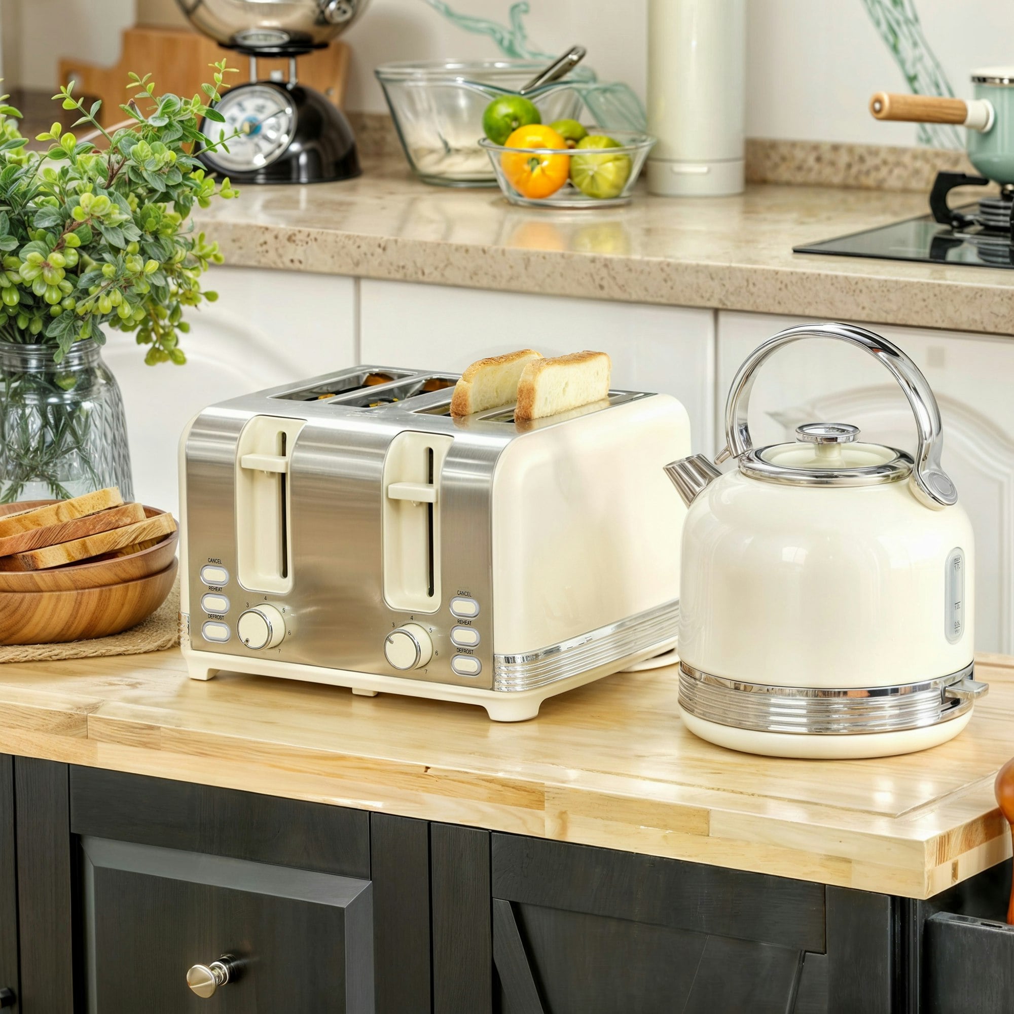Homcom Cream 1.7L 3000W Fast Boil Electric Kettle And 4 Slice Toaster Set - Image 4