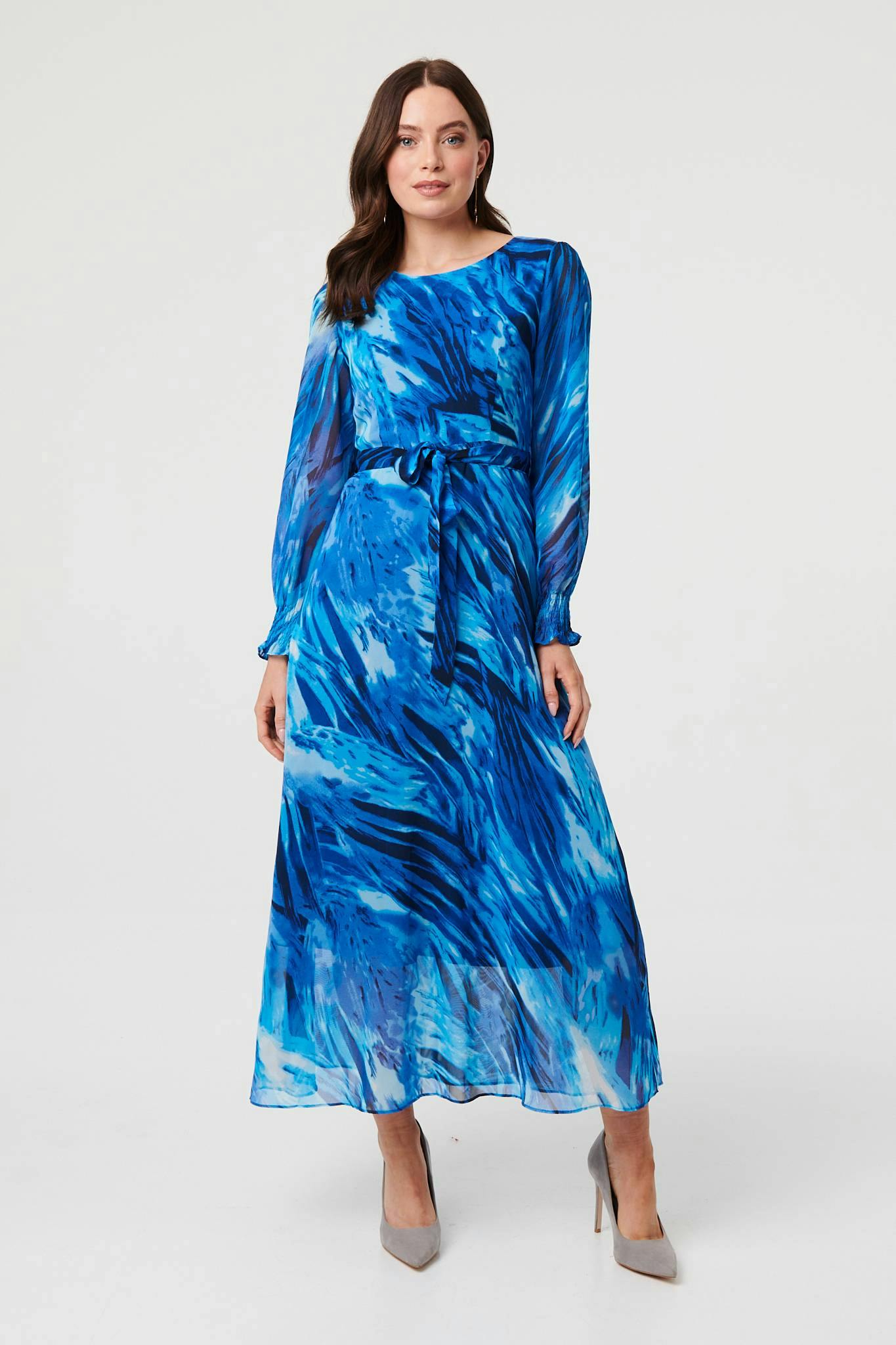 Izabel London Blue Abstract Semi Sheer Layered Maxi Dress - 12