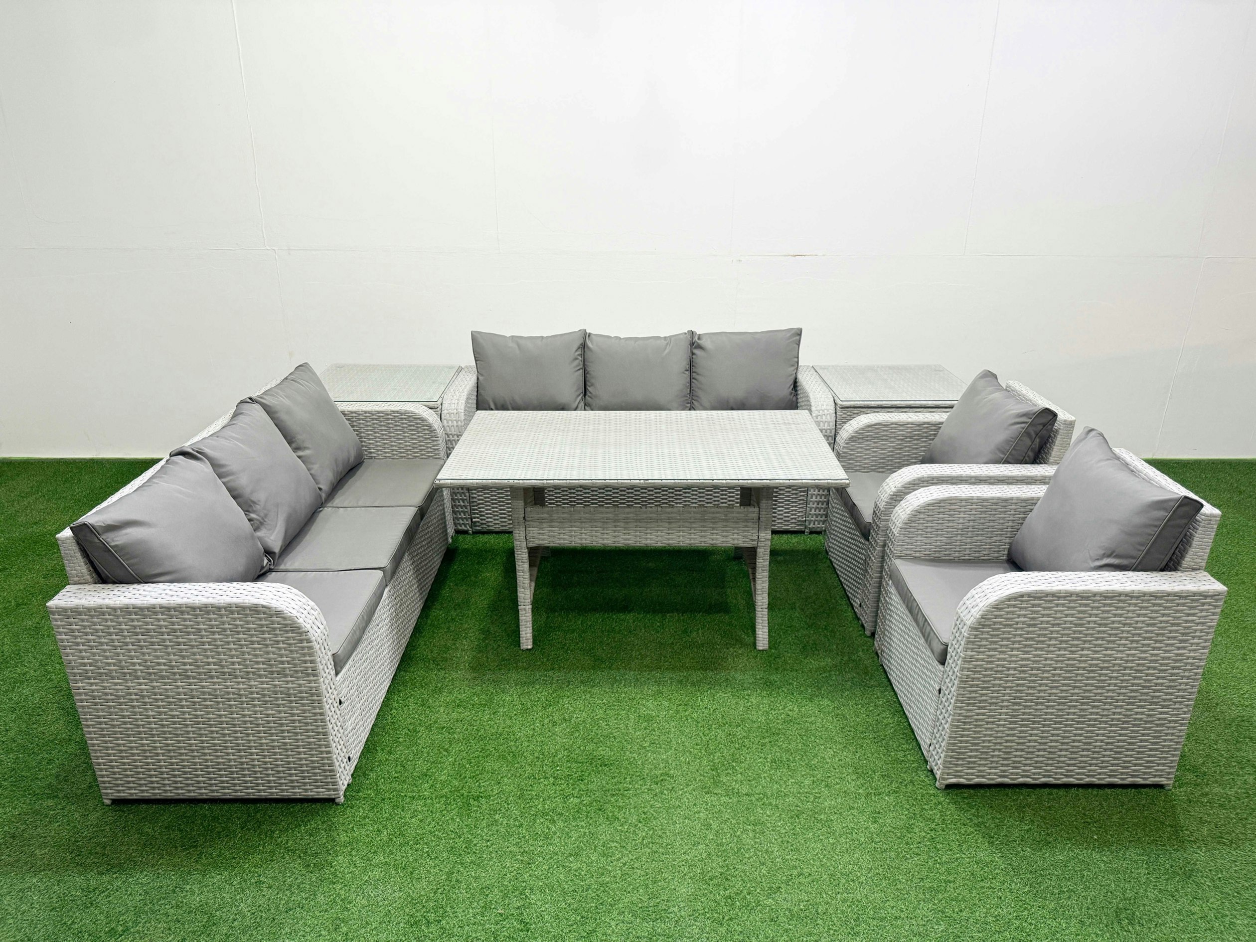 Fimous Light/Grey Pe Rattan High Back Lounge Sofa Set Patio Rectangular Dining Table & Chairs Set With 3 Seater Sofa Reclining Chair 2 Side Table