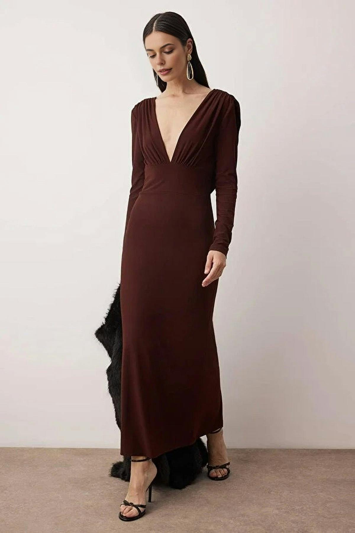 Wovcor Brown Knit Maxi Dress With Lining And Back Detail - 14