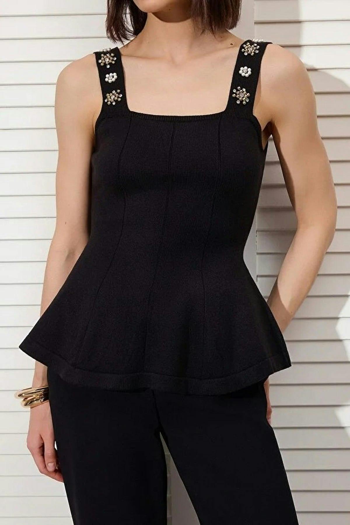 Wovcor Black Premium Yarn Square Neck Embellished Peplum Knit Blouse - M