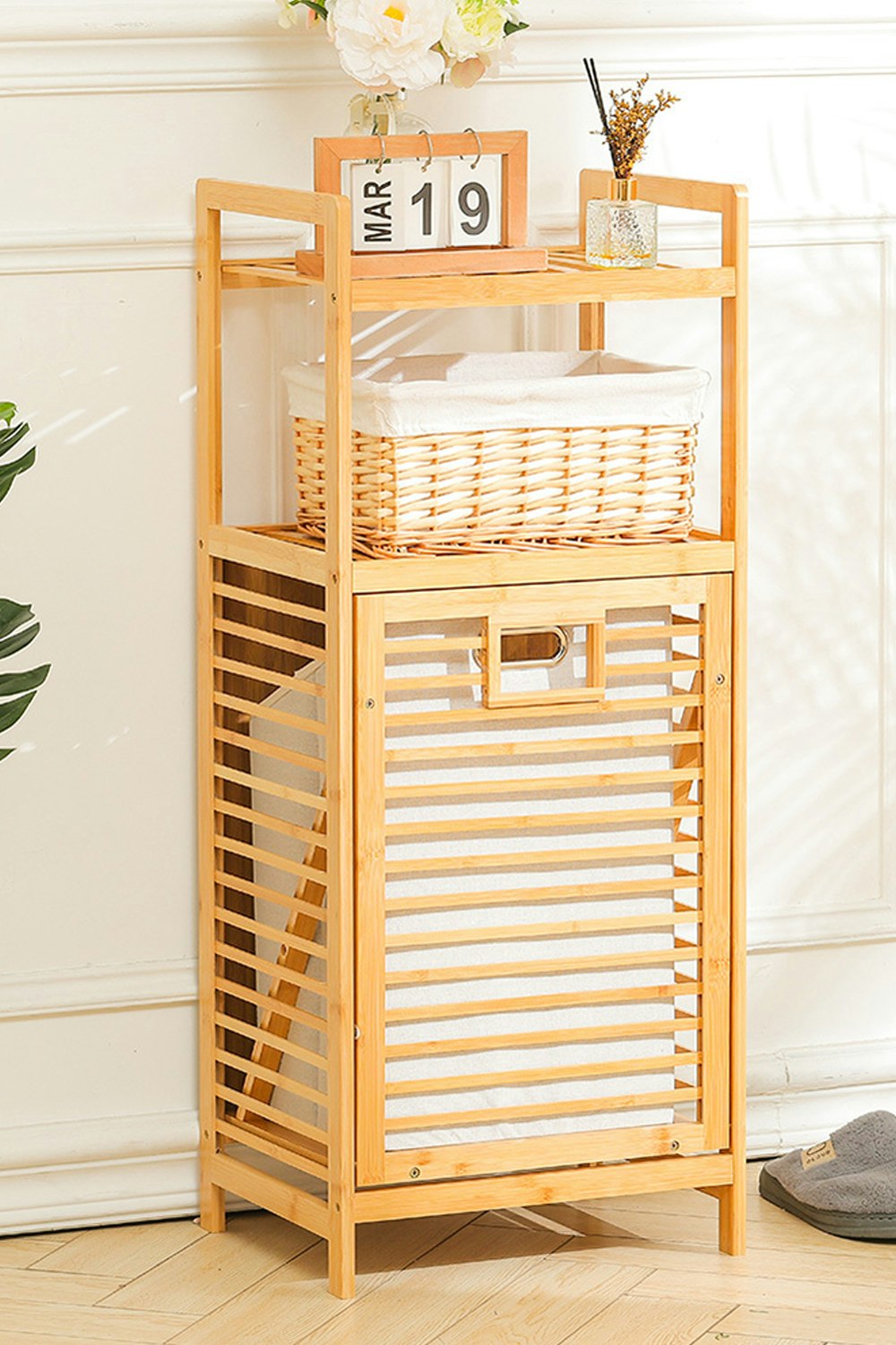 Rackhams Brown 3-Tier Bamboo Laundry Hamper Basket Bathroom Basket With Liner Bag