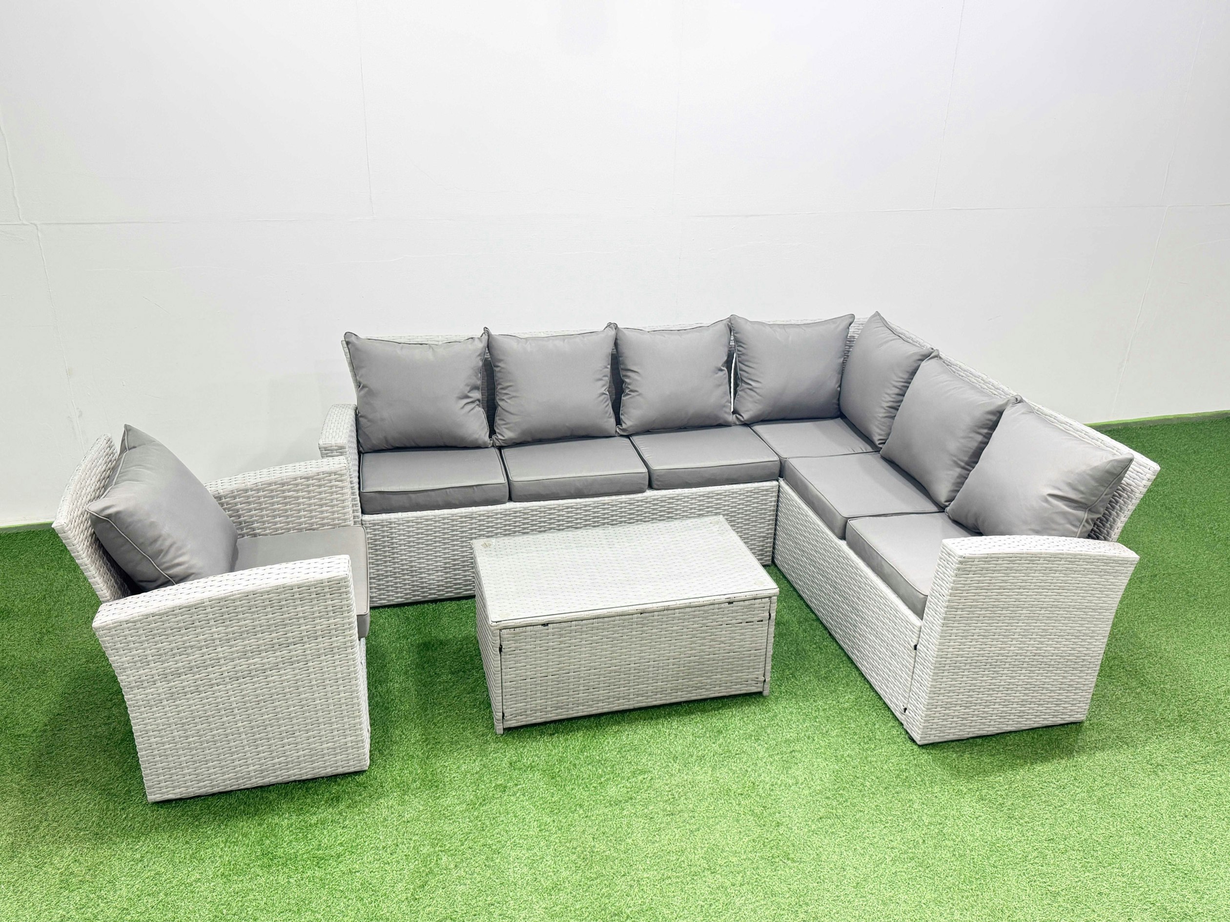 Rackhams Light/Grey Garden Outdoor Pe Rattan Furniture Set 7 Seater Rattan Garden Sofa Sets With Big Footstool Mixed