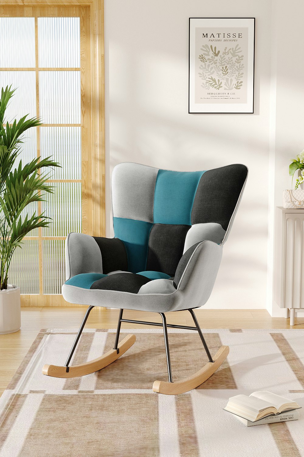 Rackhams Blue/Grey/Black Check Tufted Linen Patchwork Rocking Chair - Multi