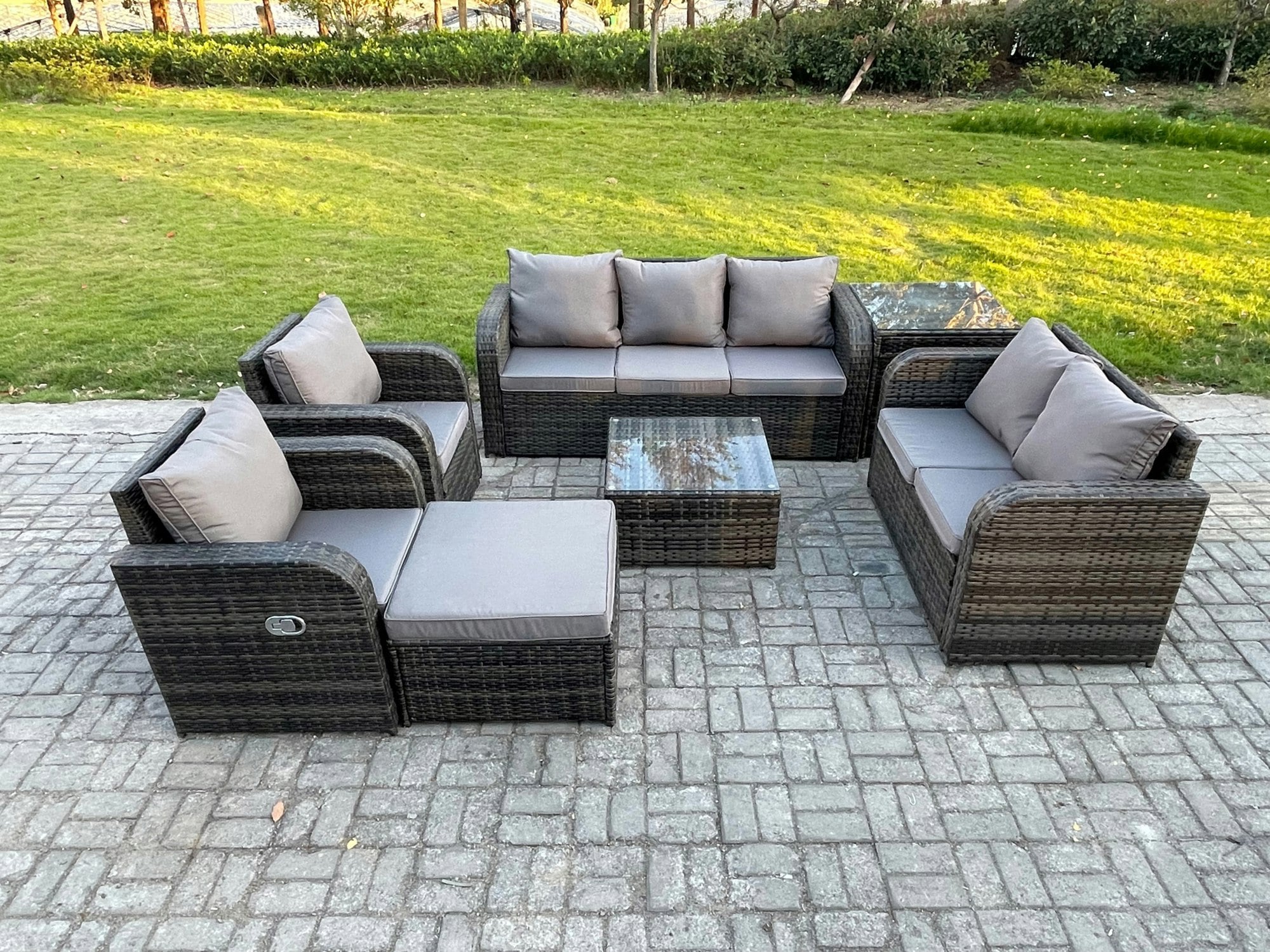 Fimous Dark/Grey 8 Seater Garden Furniture Set Rattan Outdoor Lounge Sofa Chair With Tempered Glass Table Big Footstool Side Table Mixed