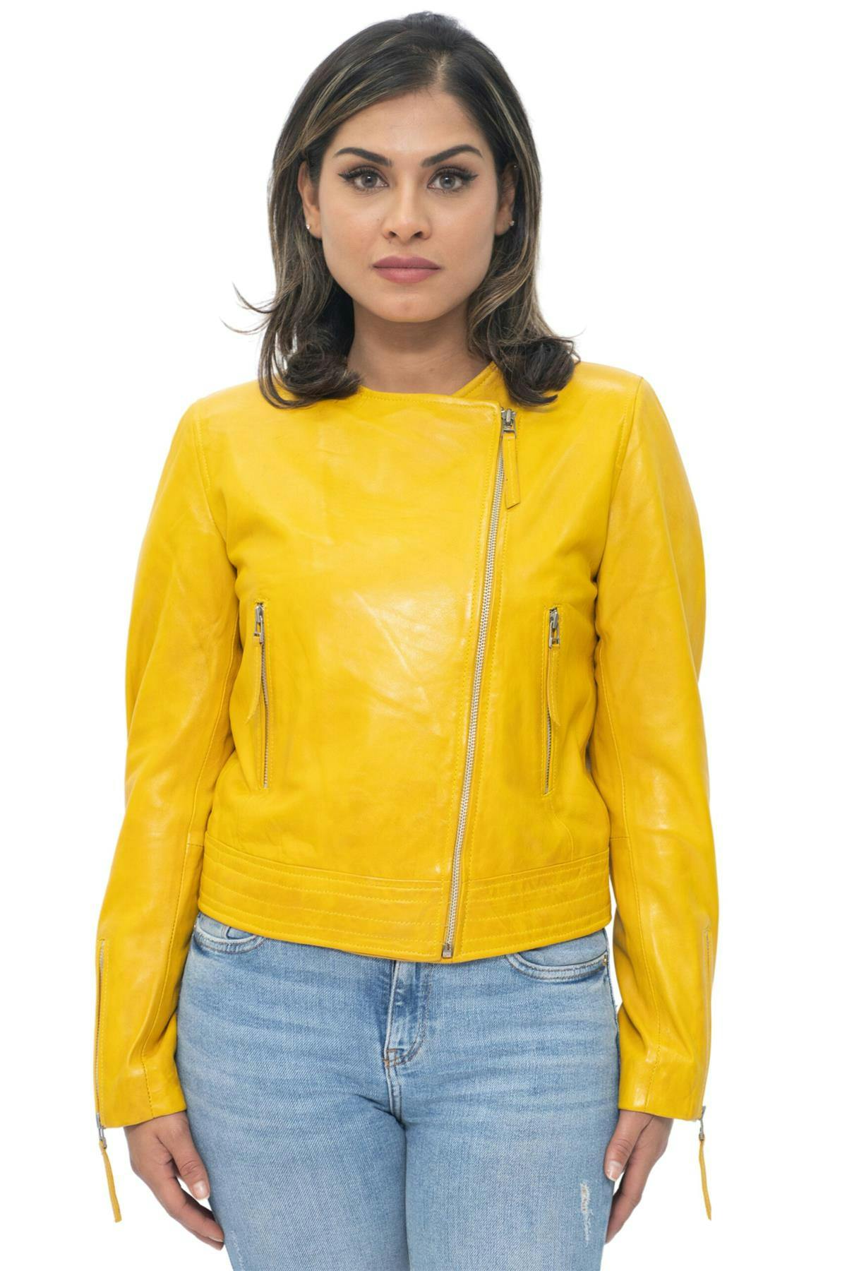 Infinity Leather Women's Yellow Collarless Biker Jacket-Padova - Uk L/14 | Eu 40 | Us 10
