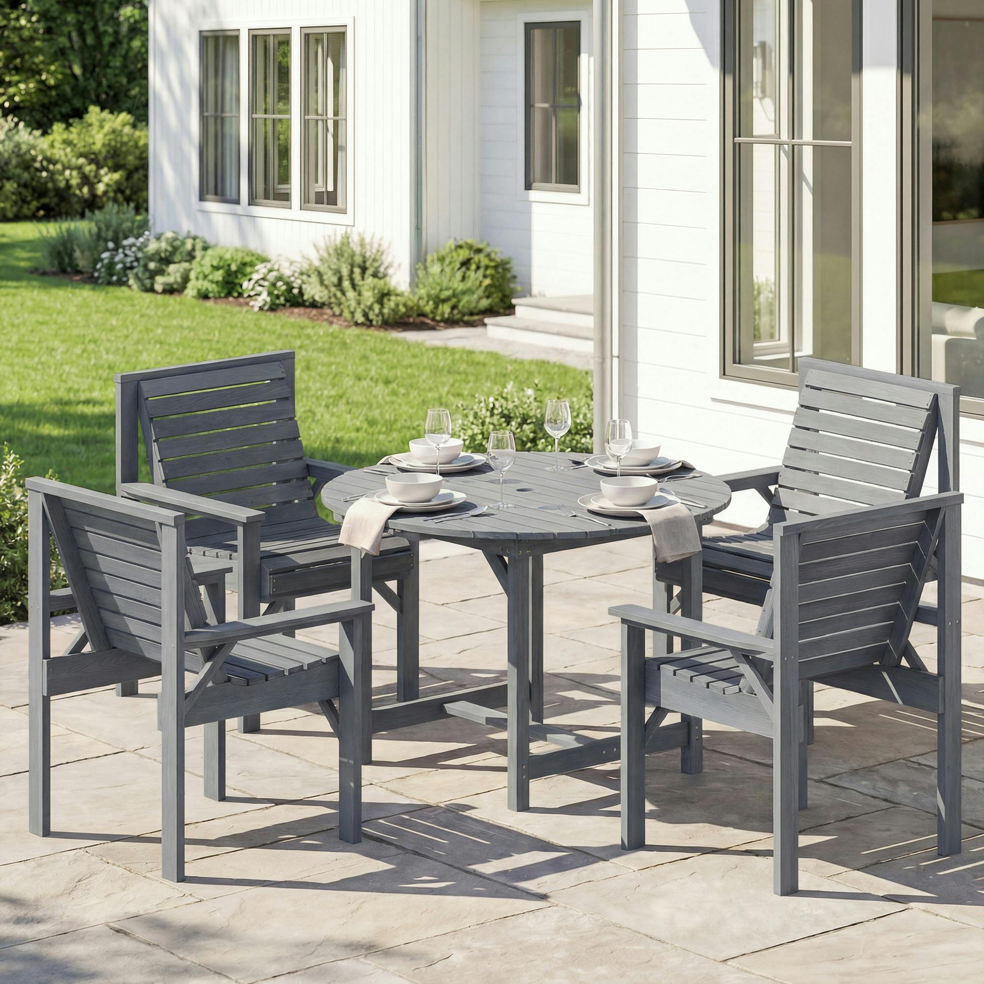Outsunny Grey Garden Dining Set, Round Table And Chairs W/ Parasol Hole - Fir Wood - Table And 4 Chairs - Embossed Finish