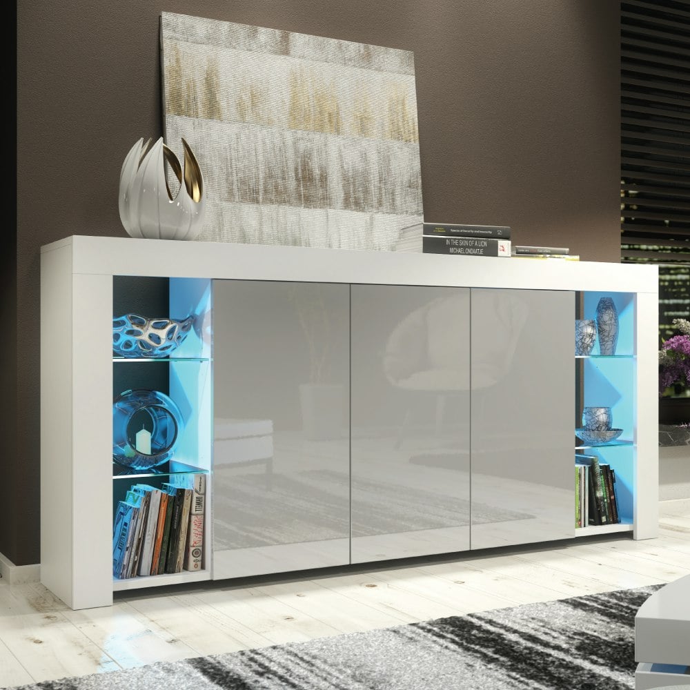 Mex Furniture Grey/White Exclusive 164Cm Cabinet Cupboard Sideboard Tv Unit High Gloss Doors & Free Led - 164 Cm - Matt Body & Gloss Doors - Sideboard