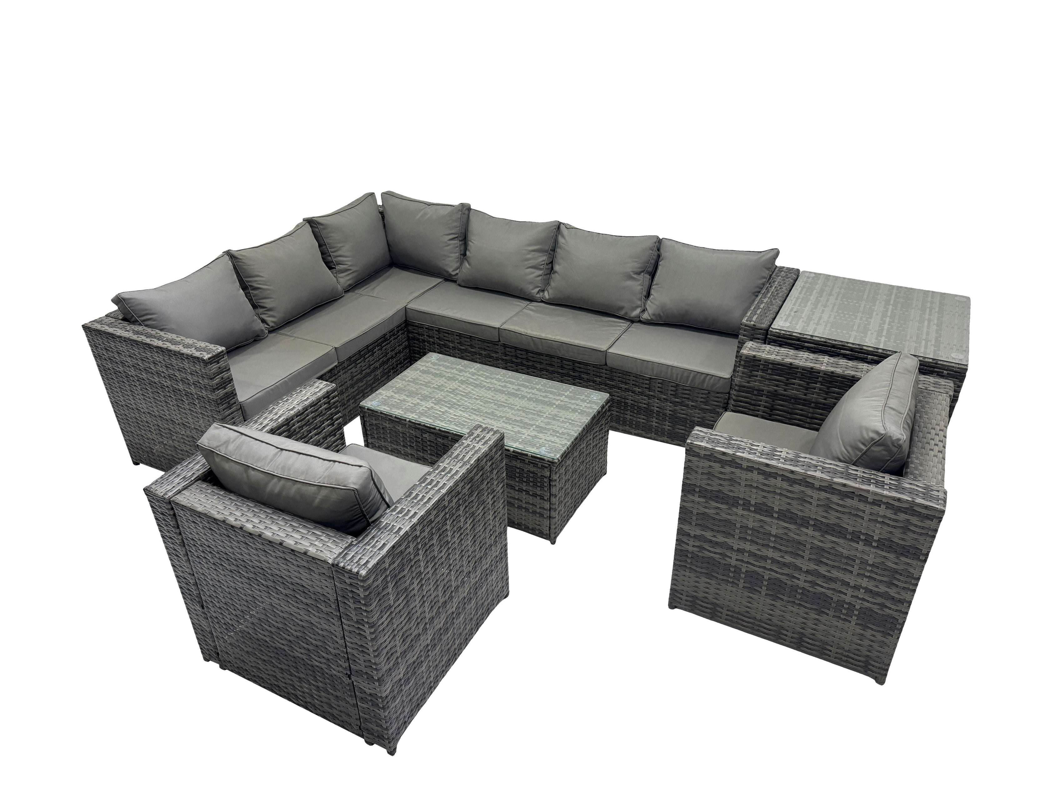 Fimous Dark/Grey Outdoor Rattan Rectangular Coffee Table Corner Sofa Sets Garden Furniture Set With Chair Side Table Mixed