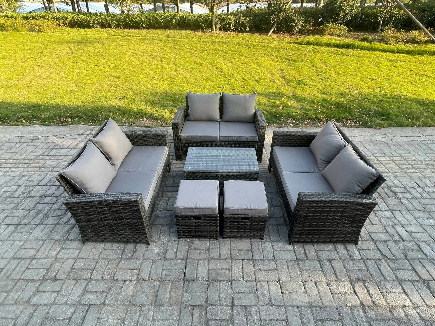 Fimous Dark/Grey 6Pc Rattan Sofa Garden Furniture Outdoor Patio Set With 2 Small Footstools Double Seat Sofa Mixed