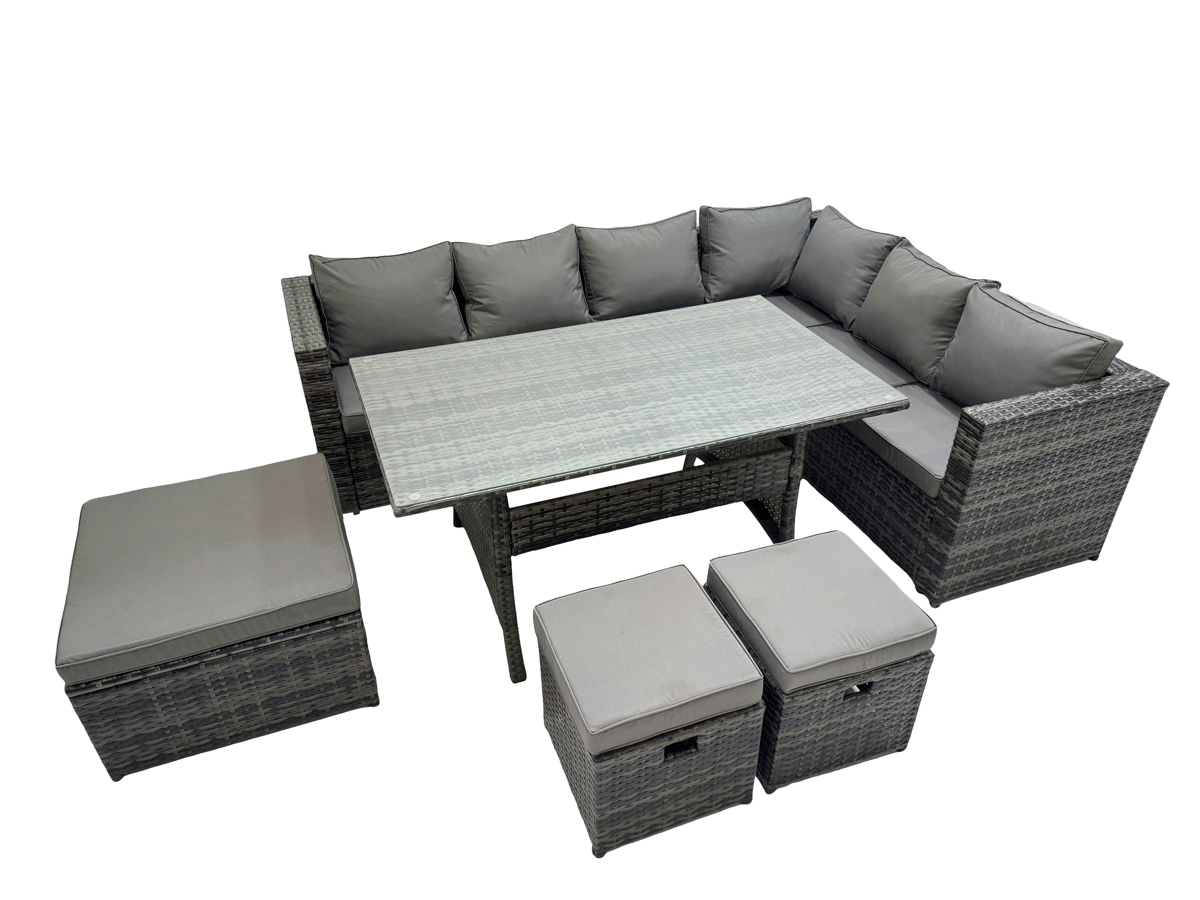Rackhams Dark/Grey Rattan Garden Furniture Set Outdoor 9 Seater Patio Dining Corner Sofa Sets With Dining Table 3 Footstool Mixed