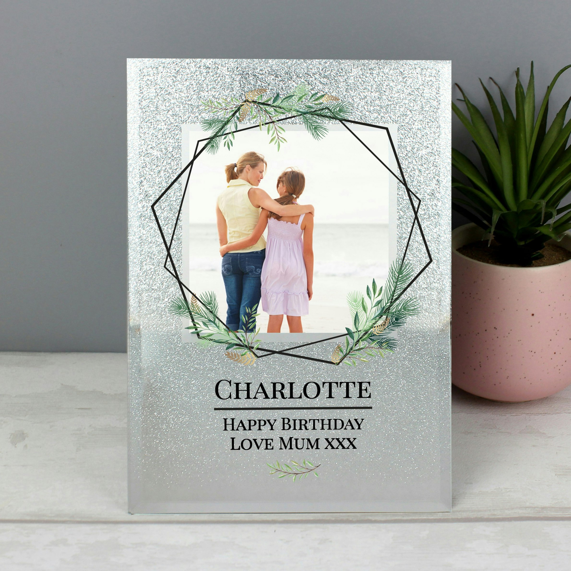 Rackhams Personalised Geo Leaves 4X4 Glitter Glass Photo Frame