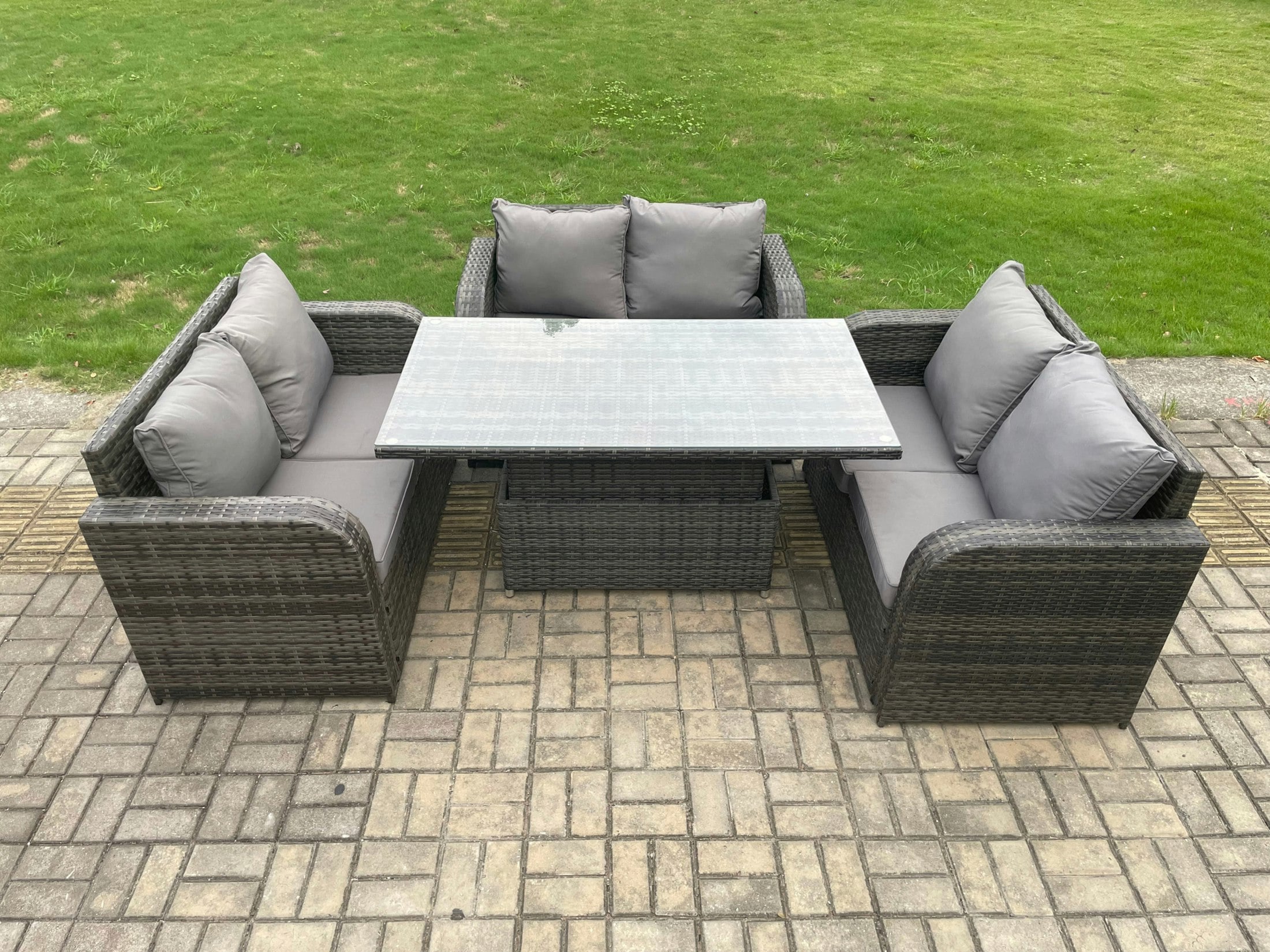 Rackhams Dark/Grey Rattan Garden Outdoor Furniture 3 Pc Love Sofa Set Patio Adjustable Rising Lifting Dining Table Mixed