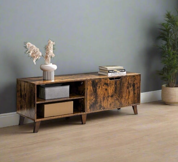 Rackhams Brown Rustic Tv Stand With 2 Doors & Adjustable Shelves – 140Cm Unit For Tvs Up To 65” – Living Room Storage Cabinet