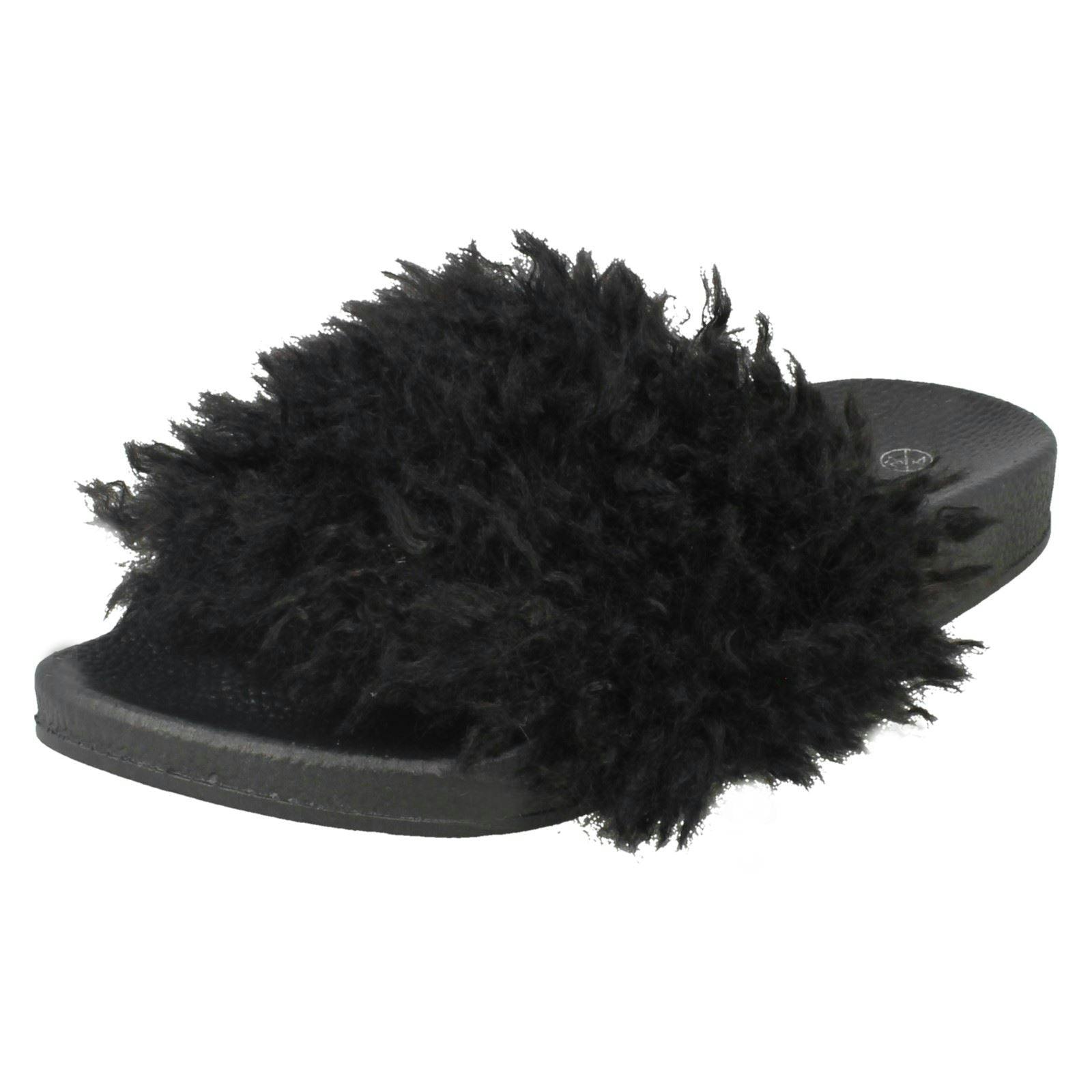 Spot On Women's Black Flat Faux Fur Sliders - Uk 7
